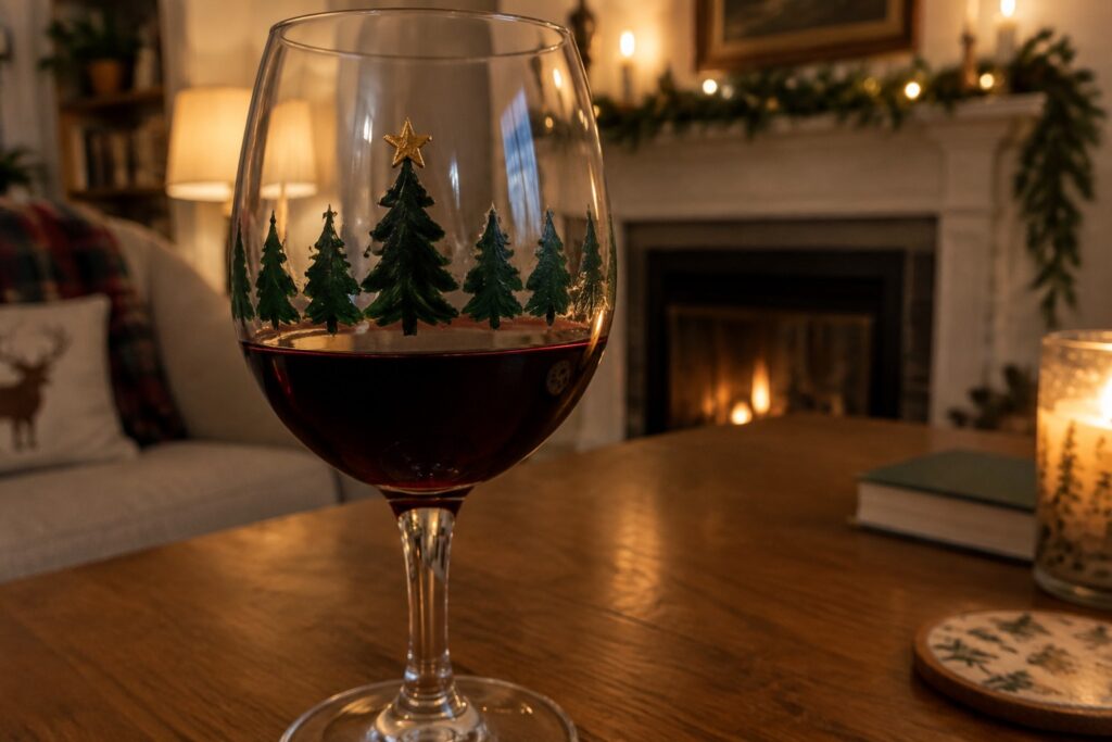 20 Beautiful Christmas Wine Glass Painting Ideas Featuring Holiday Trees Hand holding wine glass of red wine with green tree and gold star decorations