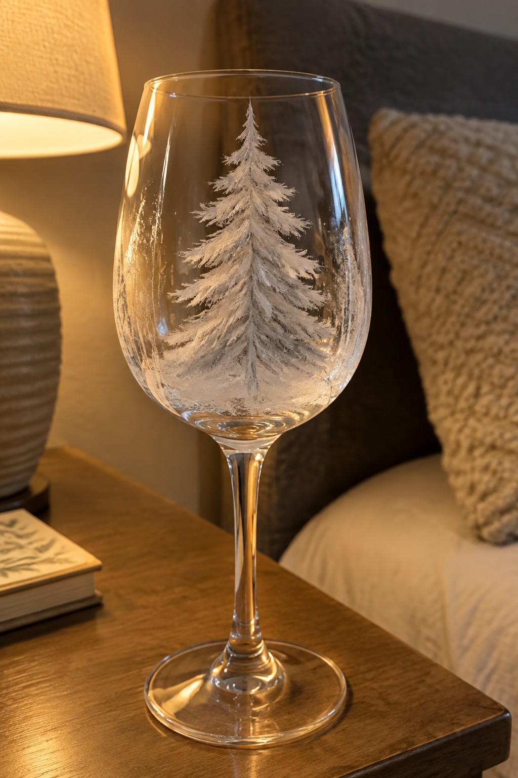 Clear wine glass with frosted white Christmas tree on wooden bedside table