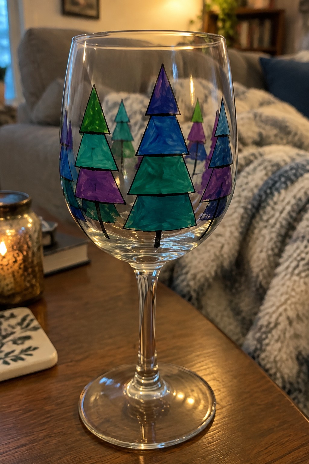 Wine glass with hand-painted multicolored pine trees beside glowing candle on table.