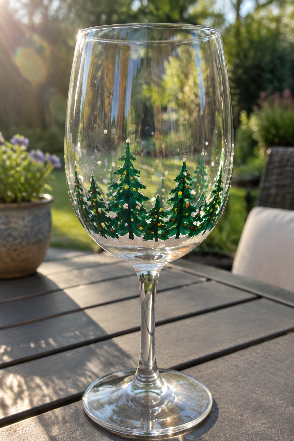 Wine glass with green Christmas trees and colorful ornaments on sunny wooden table