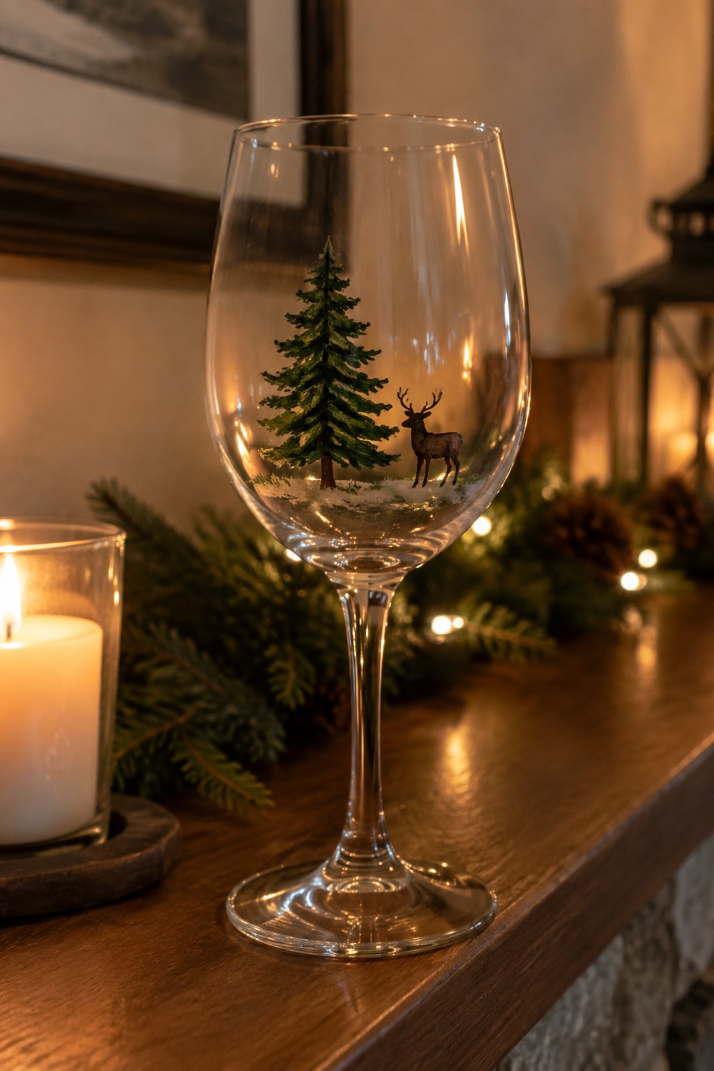 Wine glass hand-painted with pine tree and deer beside lit candle on wood