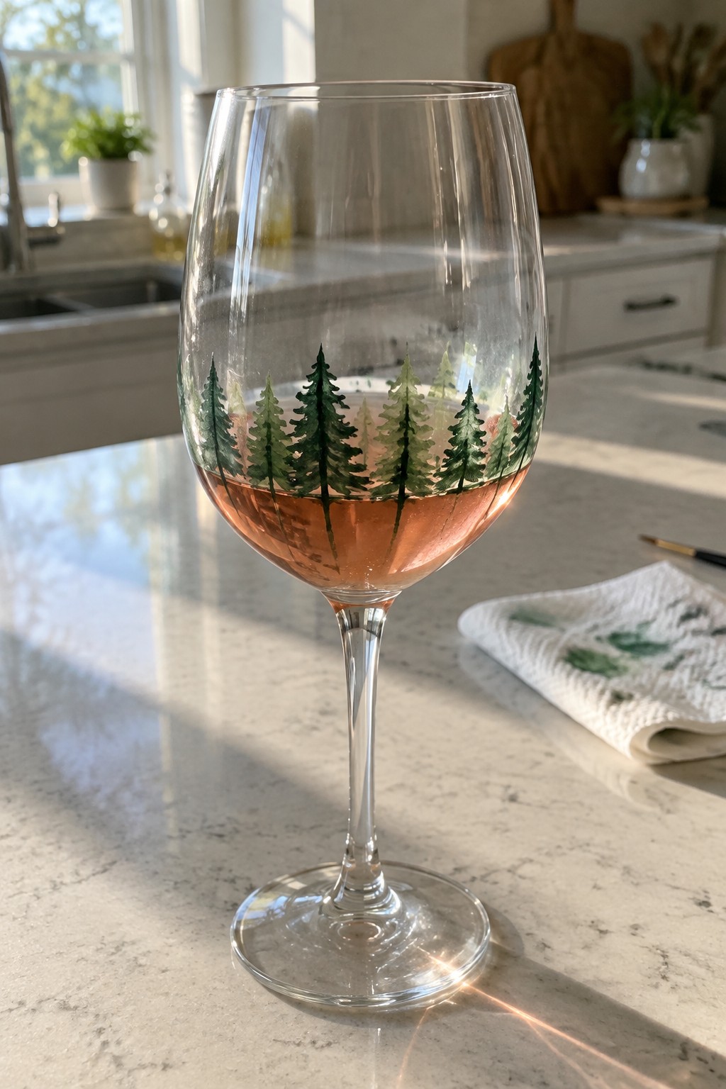 Wine glass with hand-painted green pine trees filled with rosé on marble counter