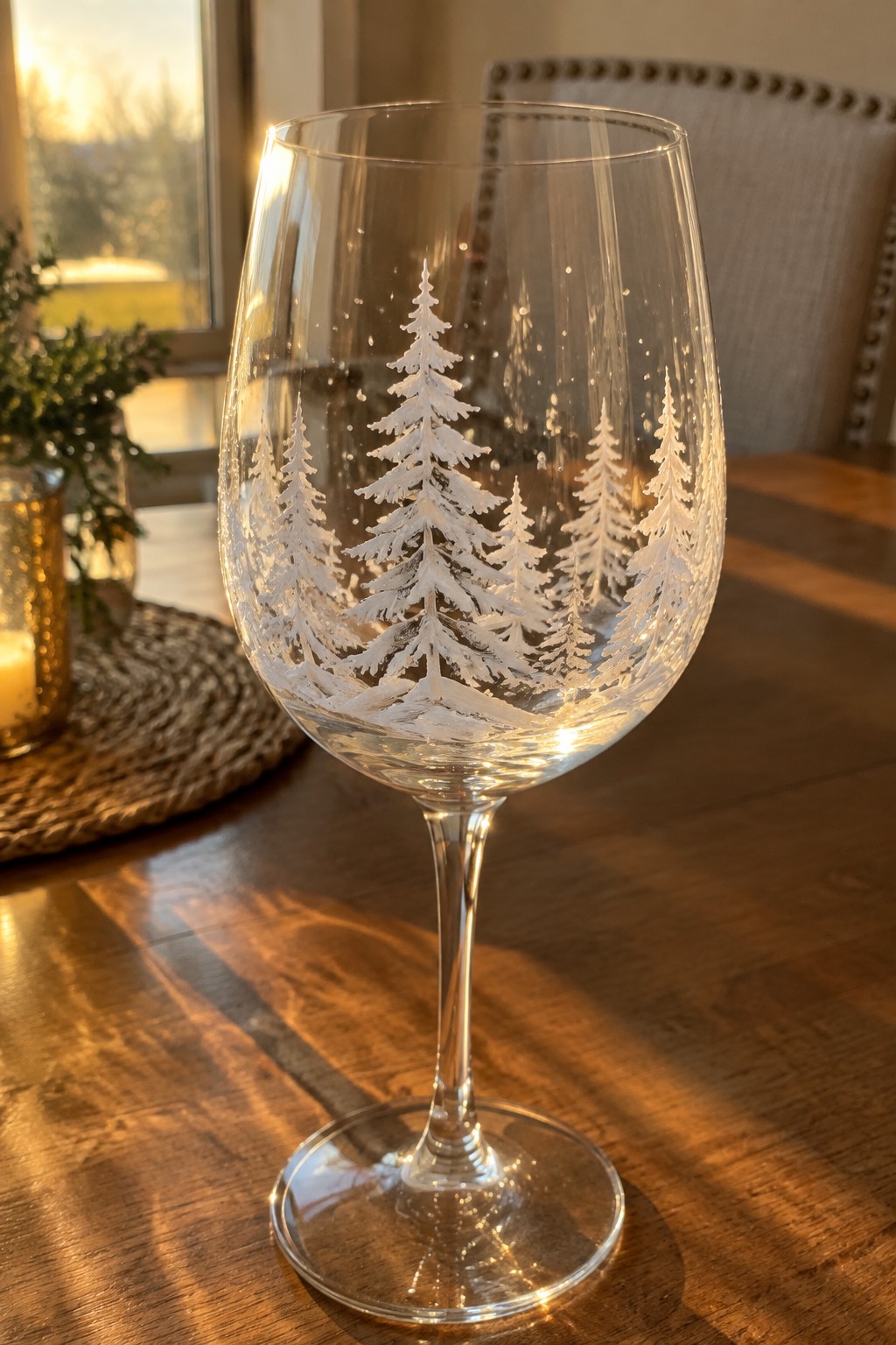 Wine glass etched with white pine trees on wooden table beside lit candle