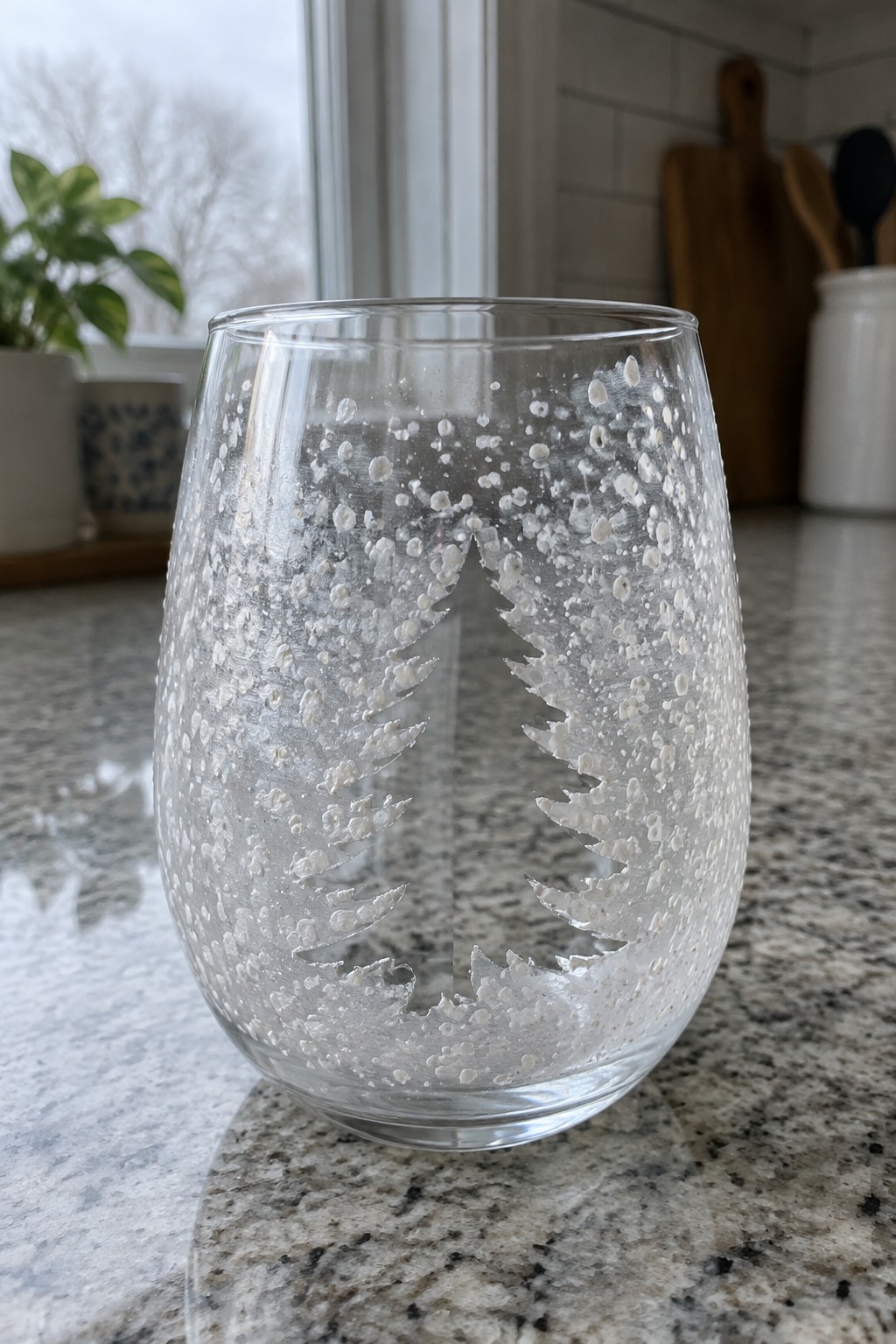 Clear stemless glass with etched pine bough on speckled granite countertop