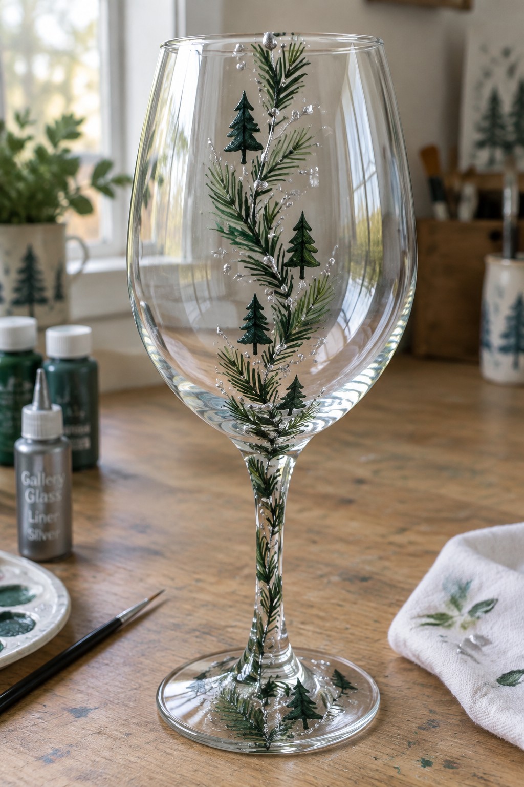 Decorated wine glass with green pine trees and silver accents on wooden table