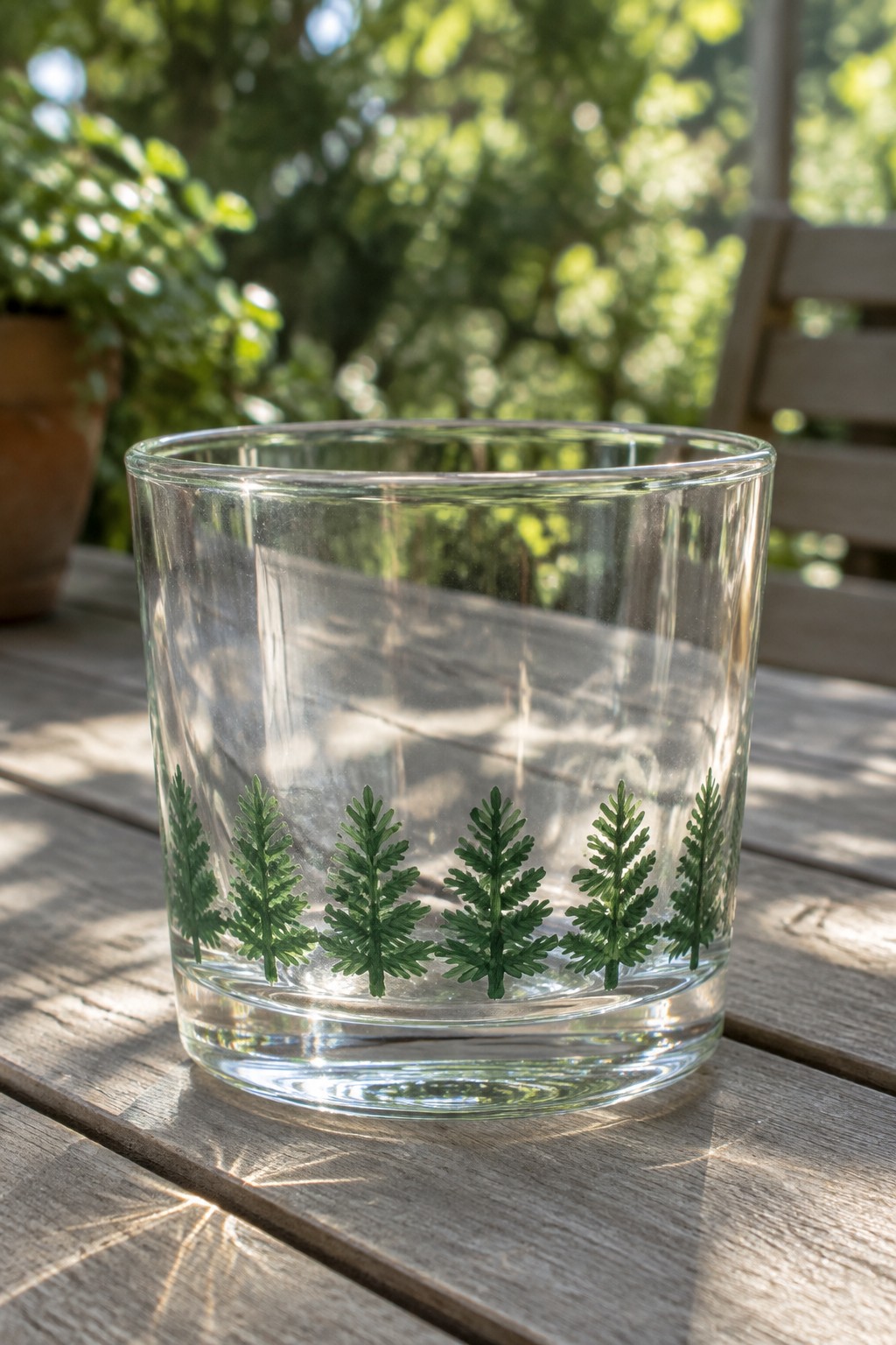 Clear glass tumbler with green fern designs on sunlit wooden table