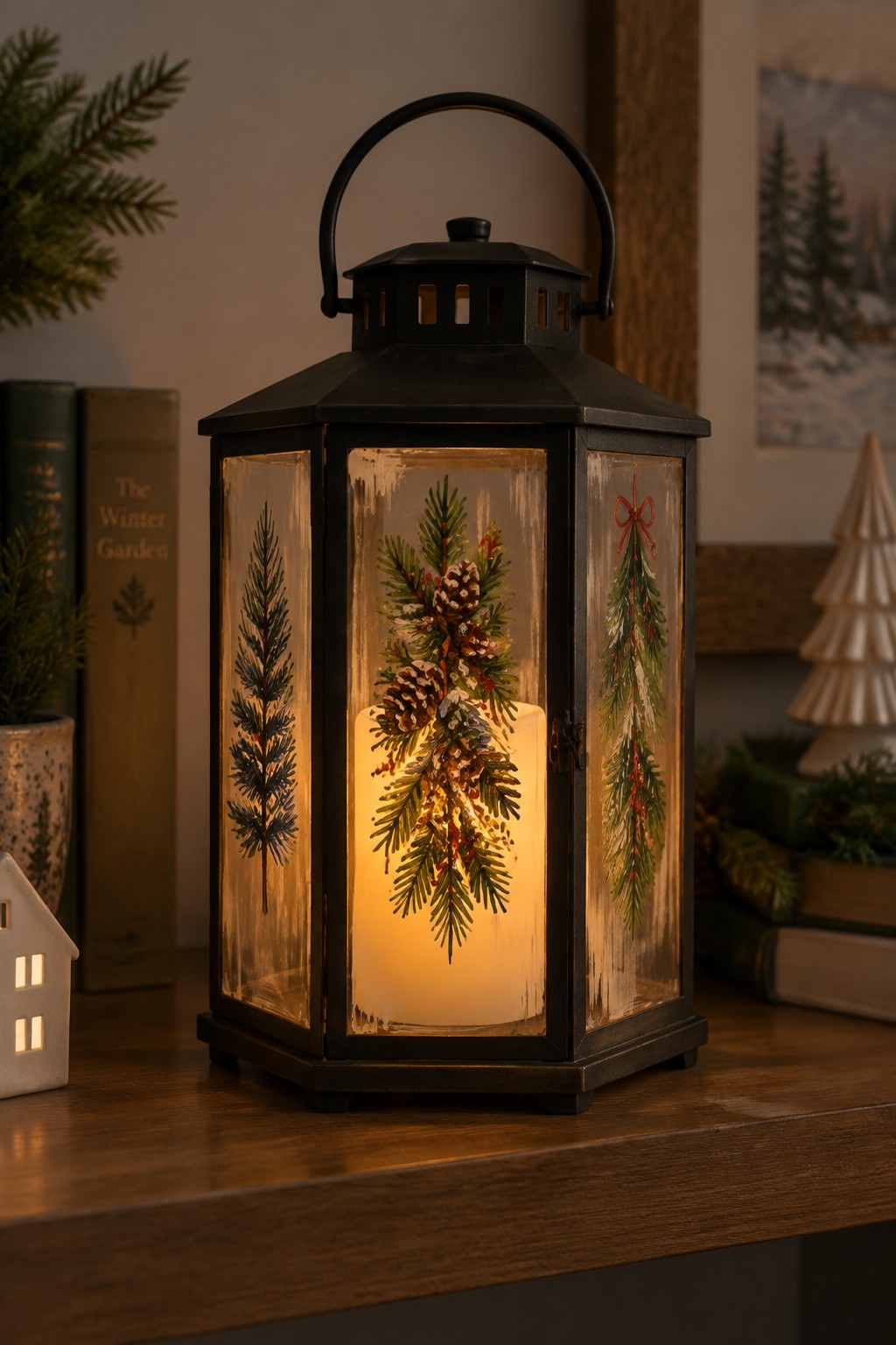 Lit black lantern with pine branches, pinecones, and red bow on wooden table