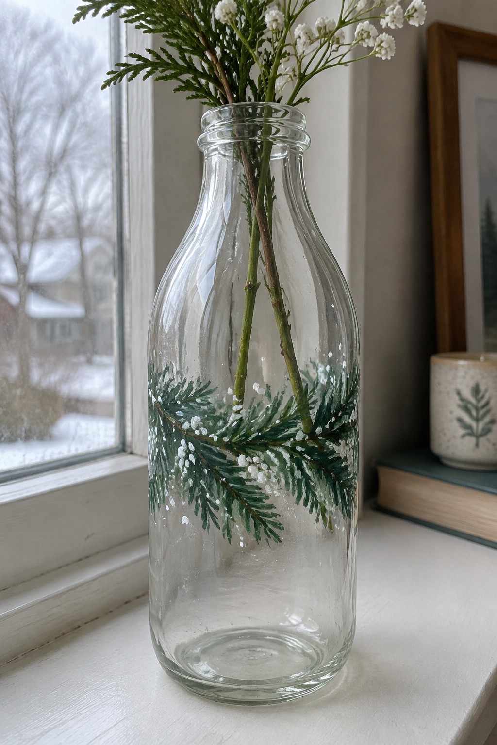 Clear glass milk bottle painted with pine branches holding fresh greenery on windowsill