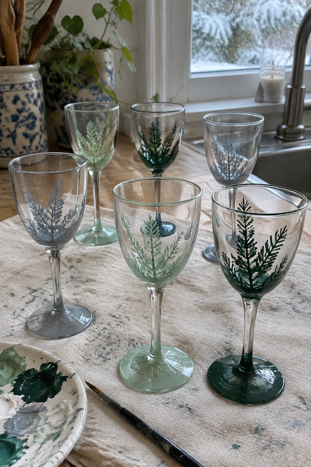 Wine glasses with green fern designs beside paint palette and brush on table