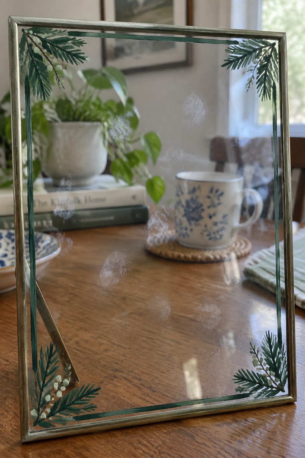 Brass frame with painted green pine branches and fingerprint smudges on wooden table