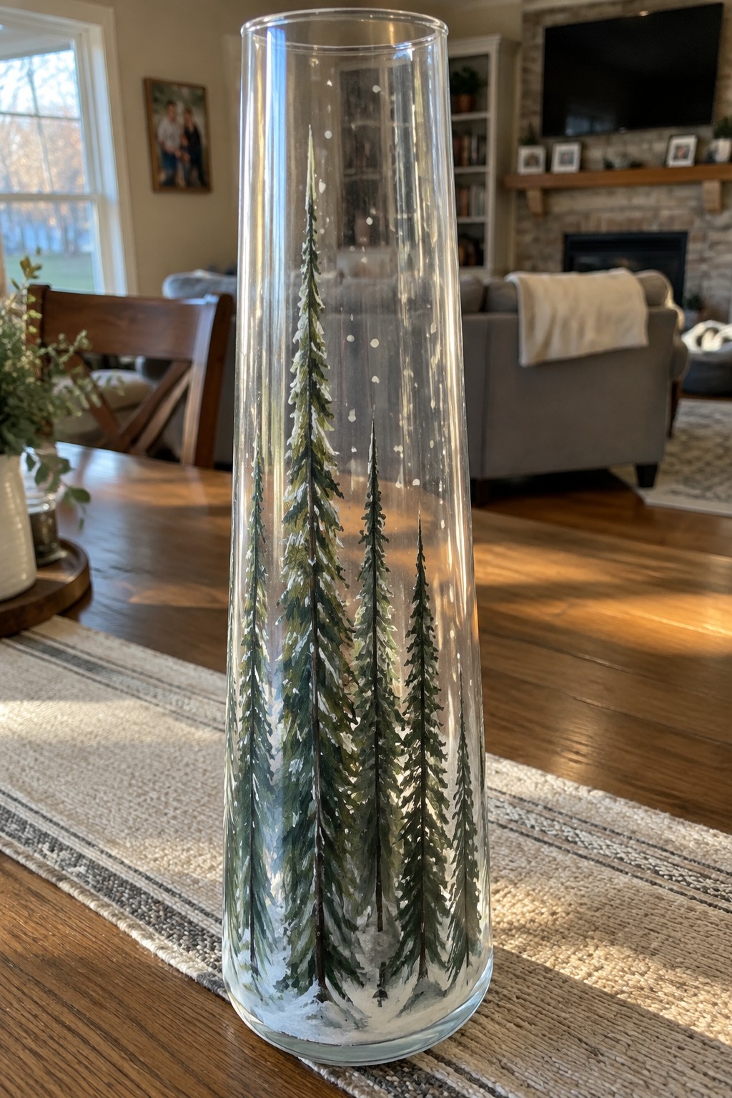 Tall glass vase hand-painted with snowy pine trees on wooden table