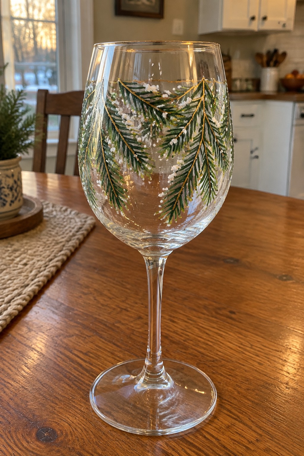 Hand-painted wine glass with green pine branches, gold trim, and snow on wooden table.