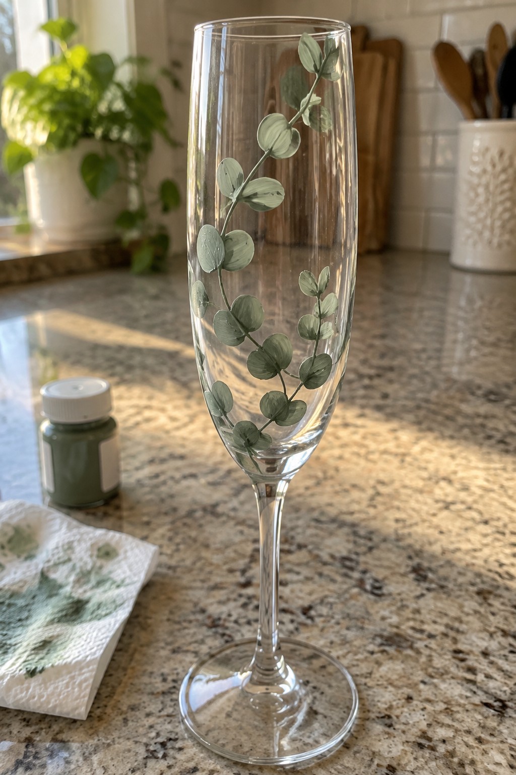 Tall champagne flute with hand-painted green eucalyptus leaves on granite countertop beside paint jar