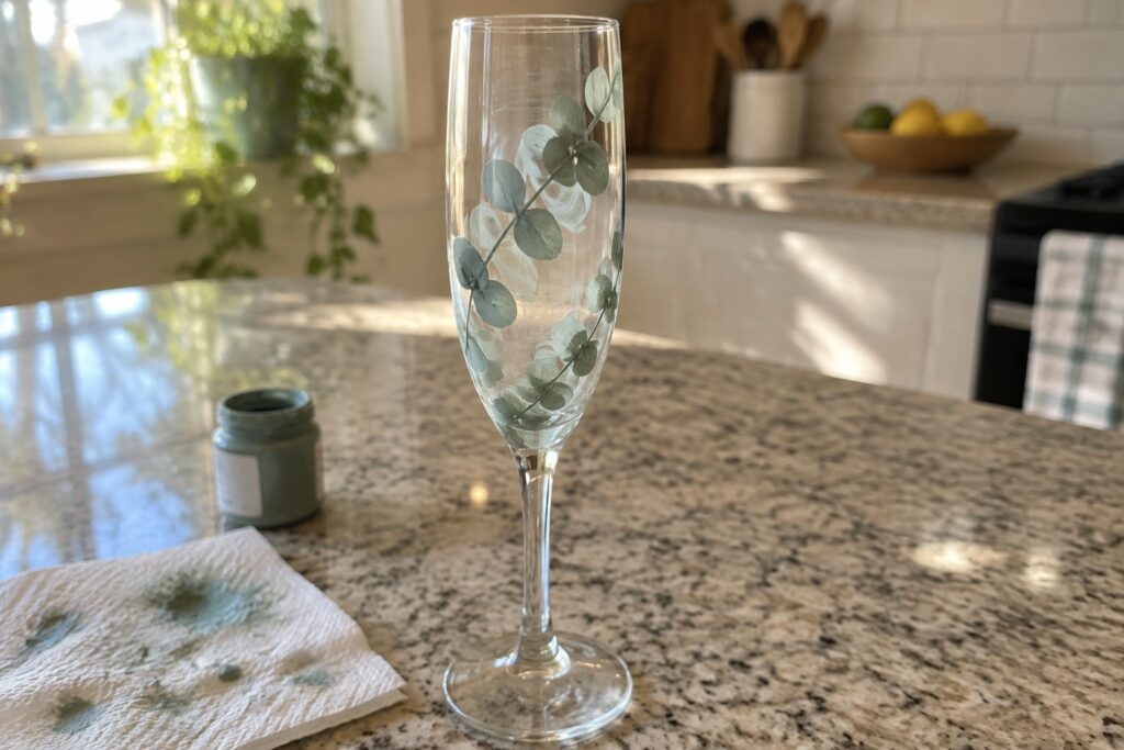 21 Charming Botanical Champagne Glass Designs Using Leaf Motifs Tall champagne flute with hand-painted green eucalyptus leaves on granite countertop beside paint jar