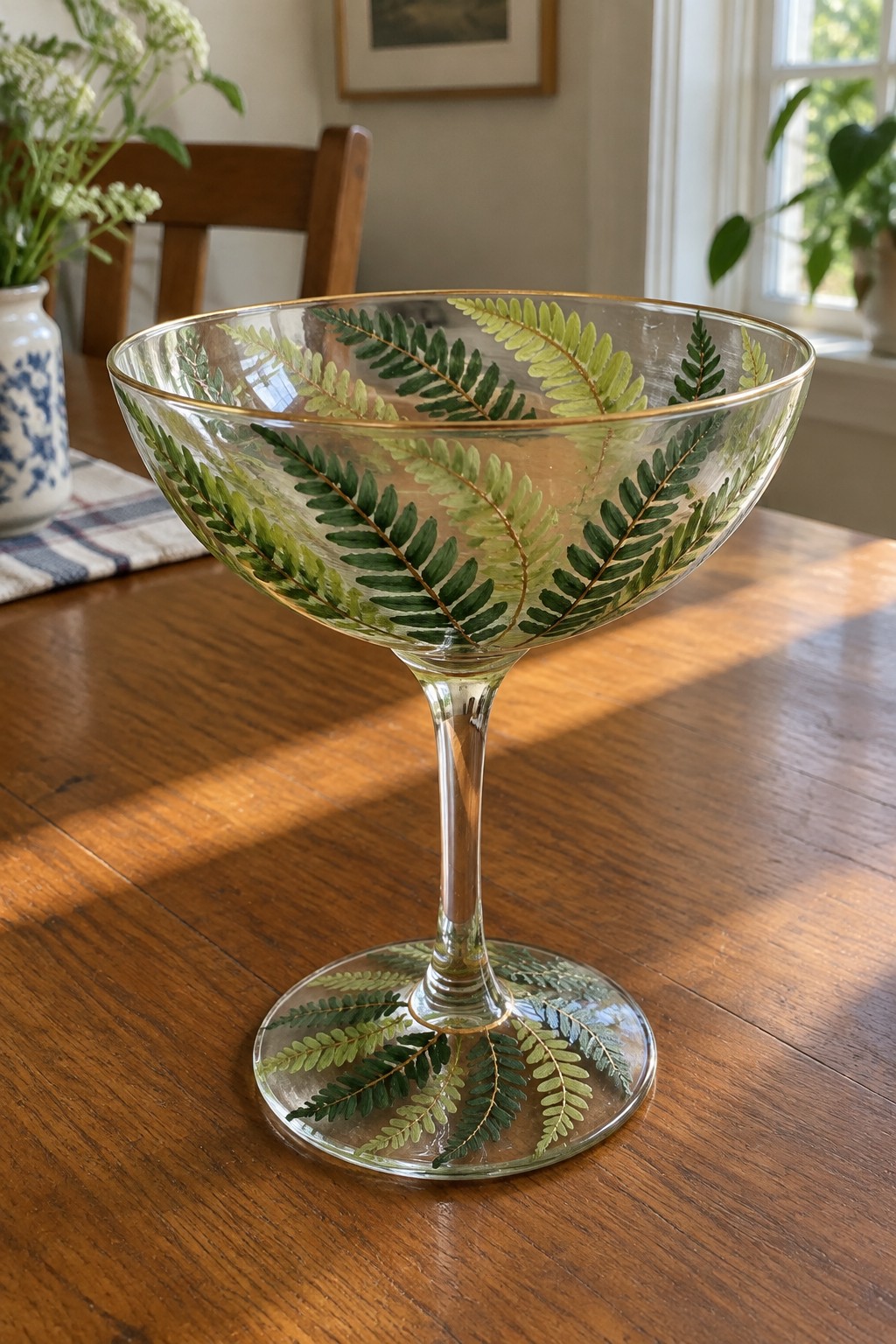 A clear stemmed coupe glass painted with green fern leaves and gold details sits on a wooden table.