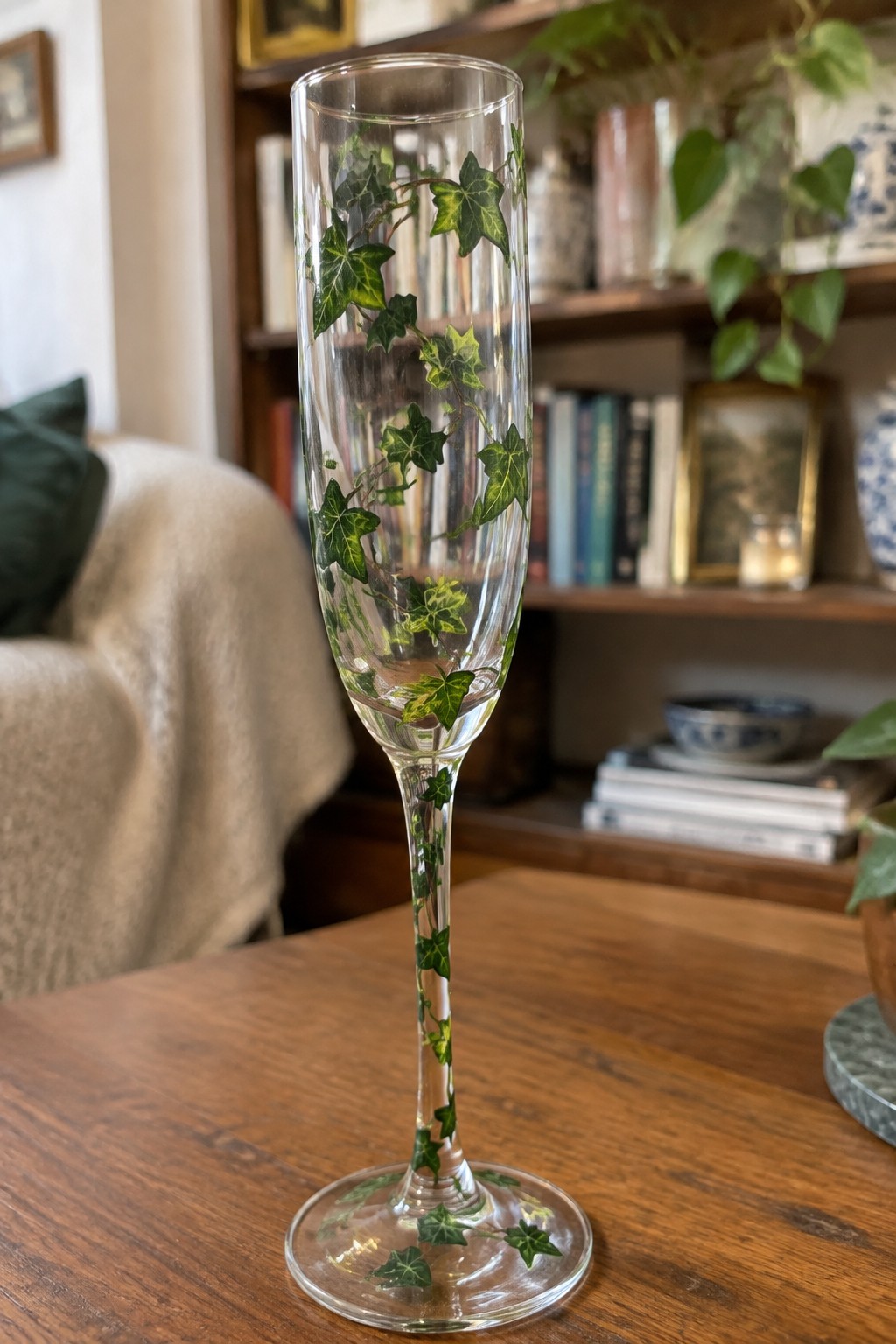 Clear champagne flute with green ivy leaves on wooden table