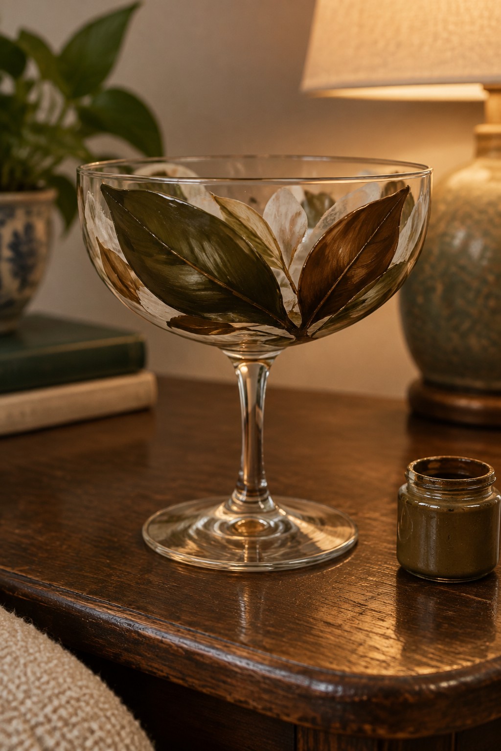 Hand-painted glass coupe with green and brown leaves beside paint jar on wooden table