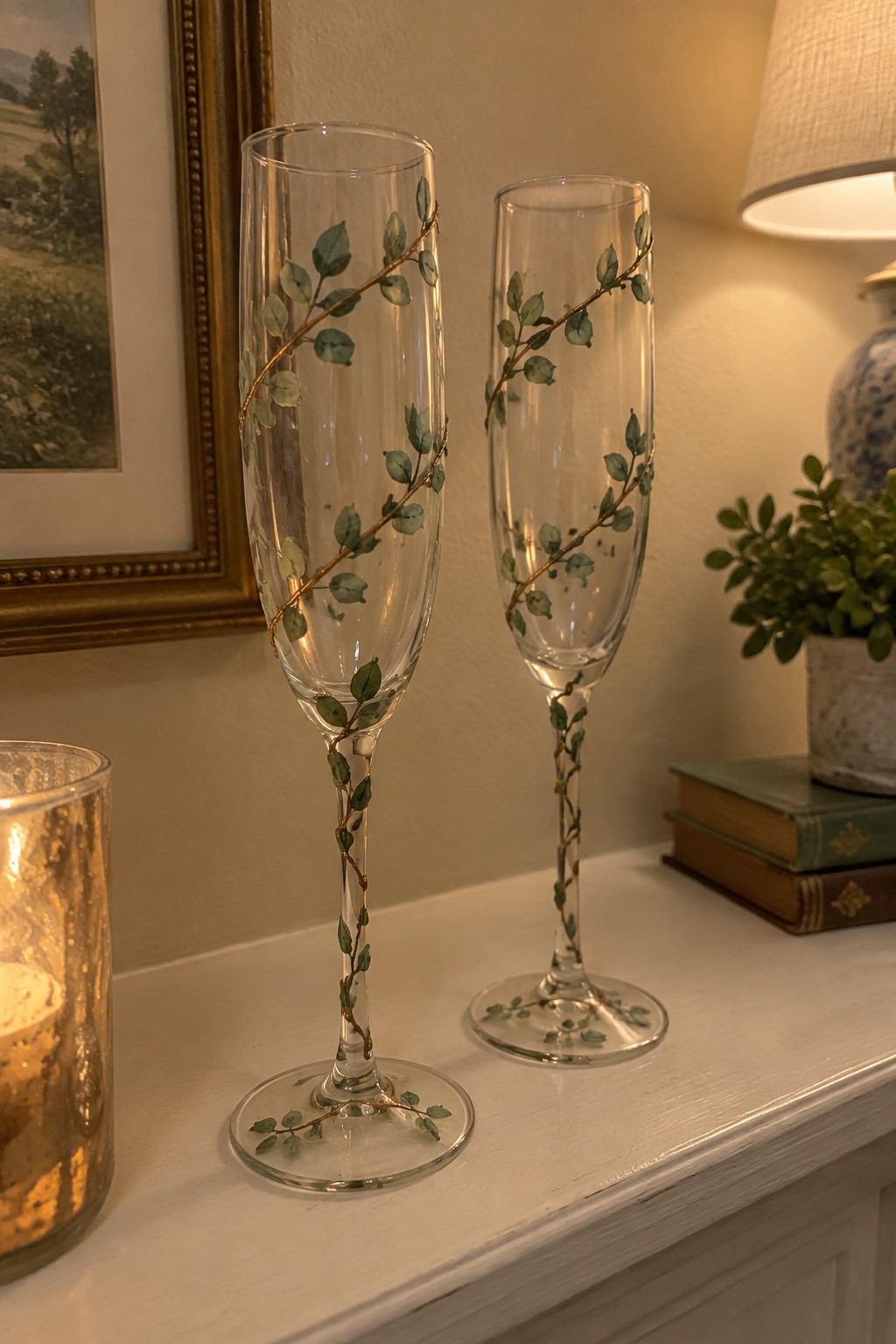 Two clear champagne flutes with green leaves and gold vines on a white surface.