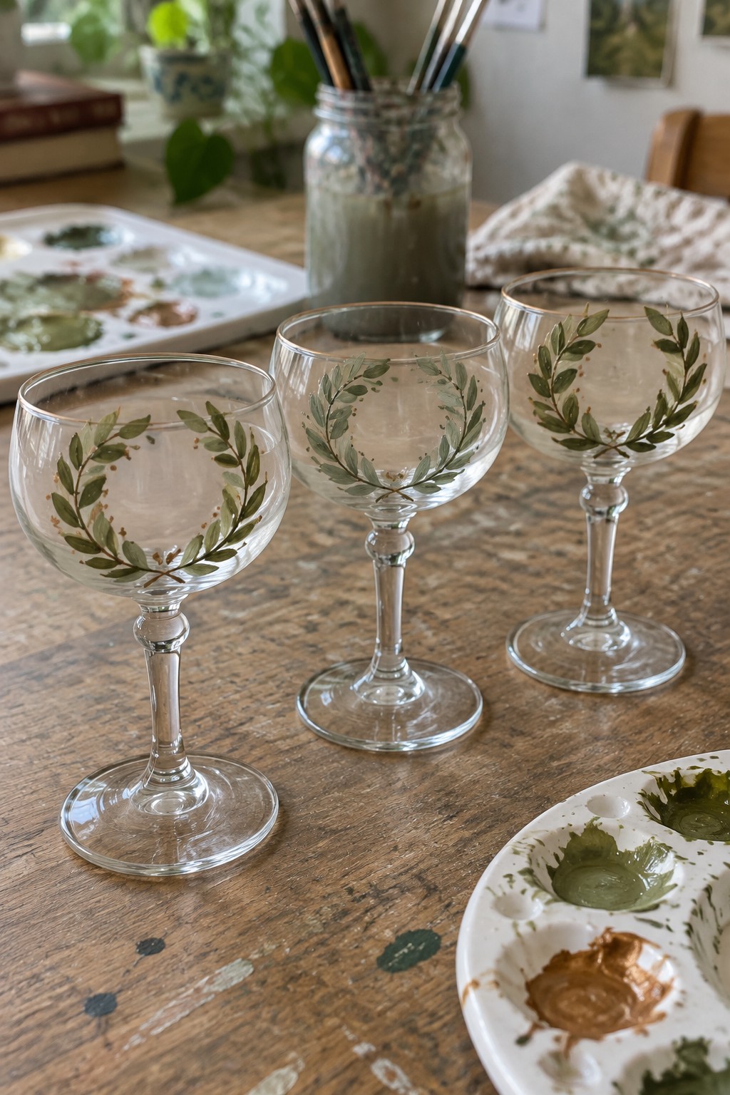 Three hand-painted goblets with green leaf wreaths on wooden table