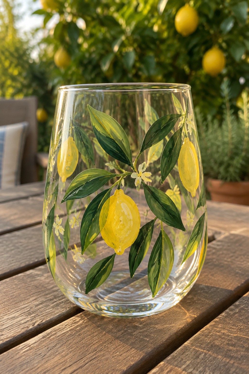 Stemless glass painted with yellow lemons, green leaves, and flowers on wooden table