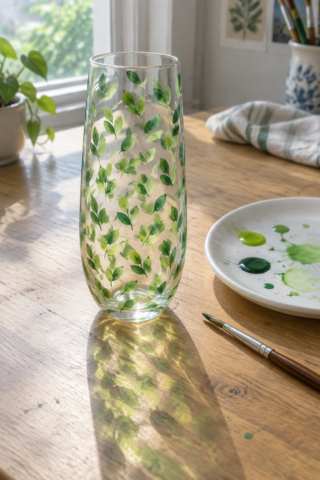 Glass vase with green leaf paintings on wooden table beside paint palette and brush