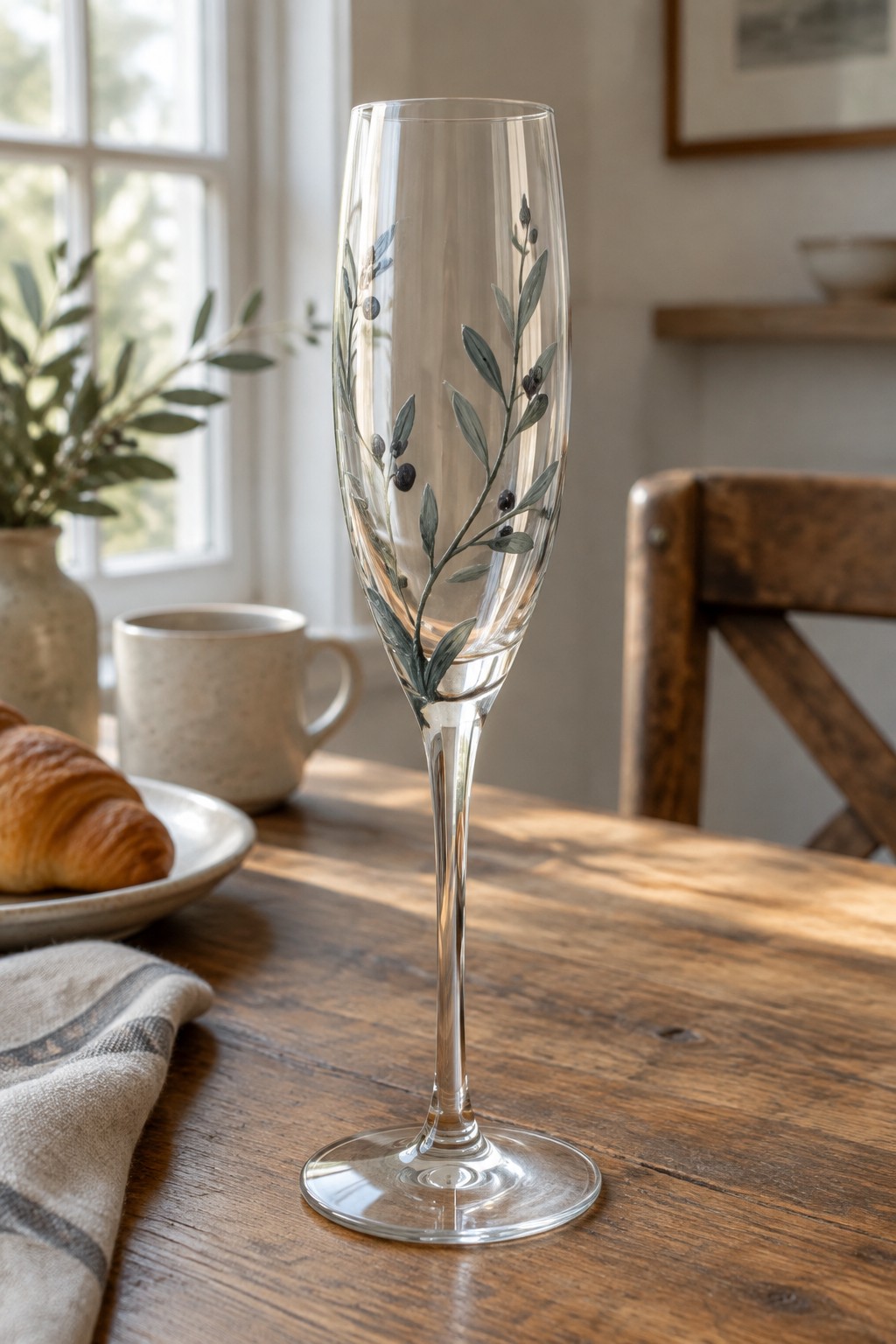 Elegant champagne flute painted with green leaves and berries on wooden table.