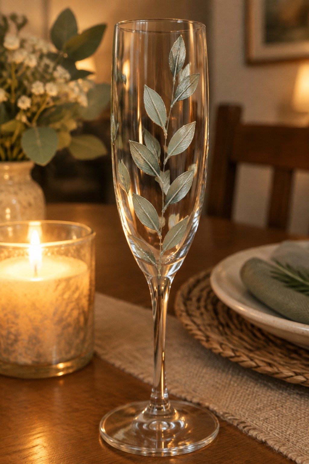 Tall champagne flute with silver leaf design beside lit candle on wooden table