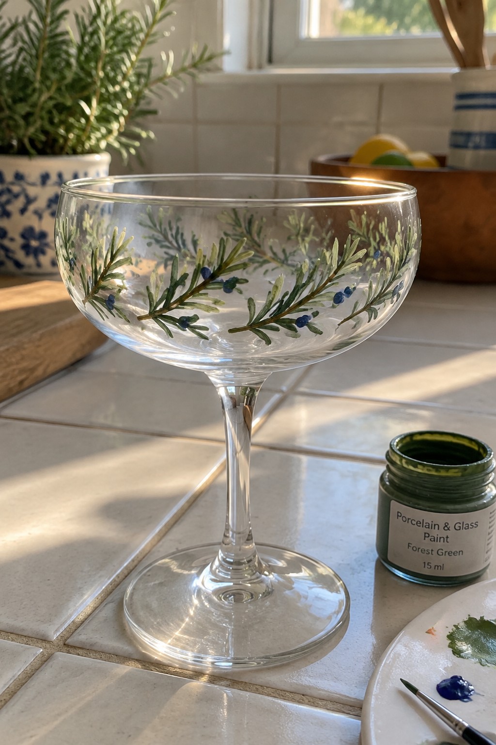Hand-painted coupe glass with green branches and blue berries beside paint jar