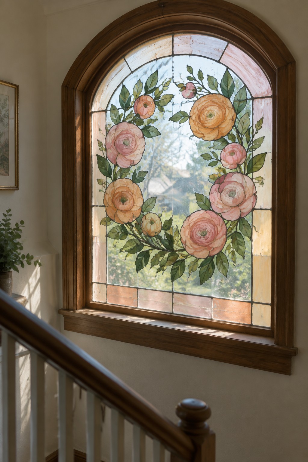 Arched wooden window with pink and orange stained glass flowers above staircase railing