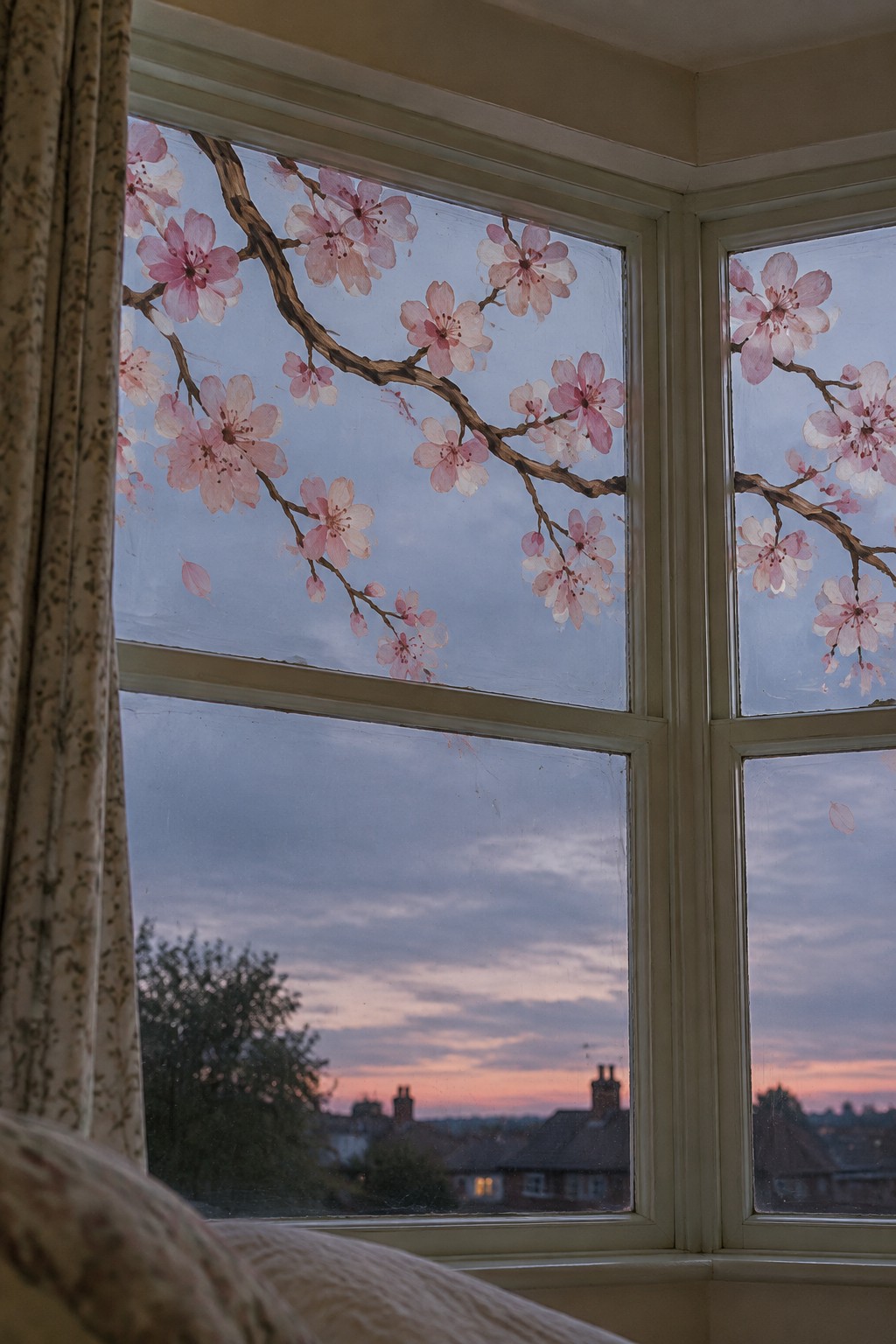 Window with painted pink cherry blossoms overlooking rooftops at pink sunset.