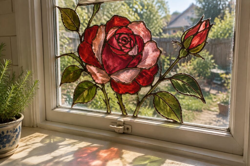 21 Classic Botanical Stained Glass Flower Designs for Windows Stained glass red rose with pink petals, green leaves on sunny window