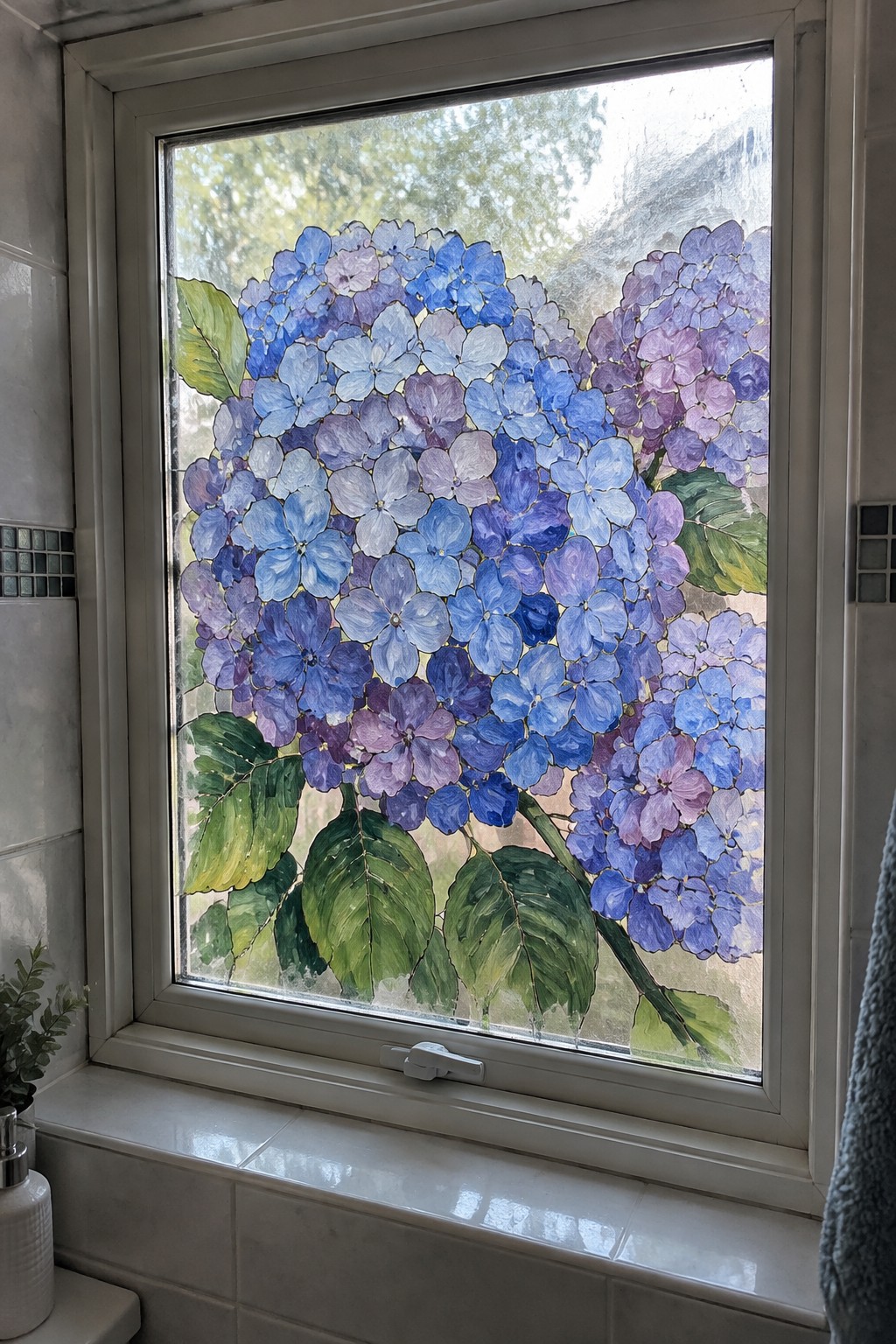 White-framed bathroom window with vibrant blue and purple hydrangea floral design