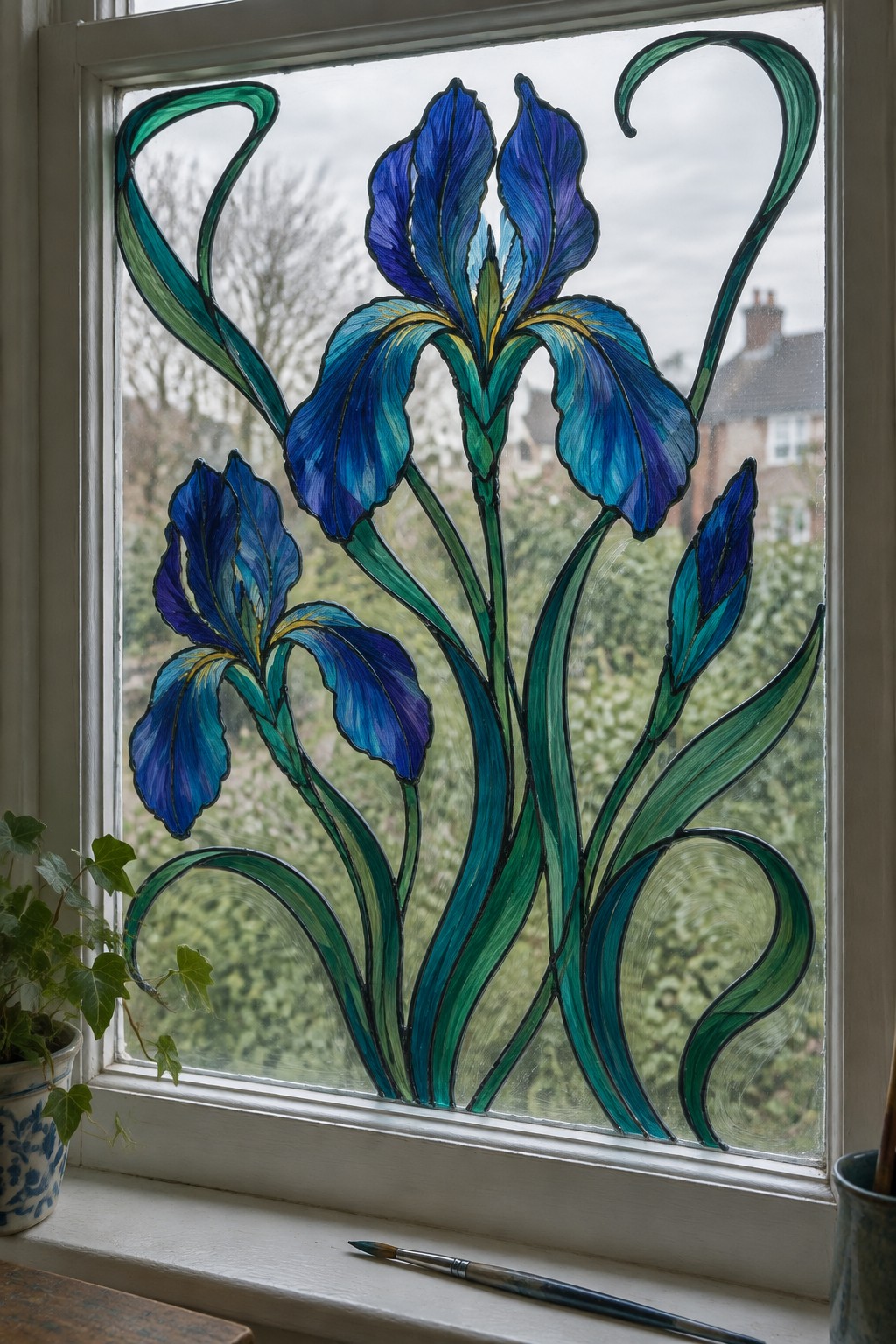 Stained glass window with blue irises and swirling green stems and leaves.