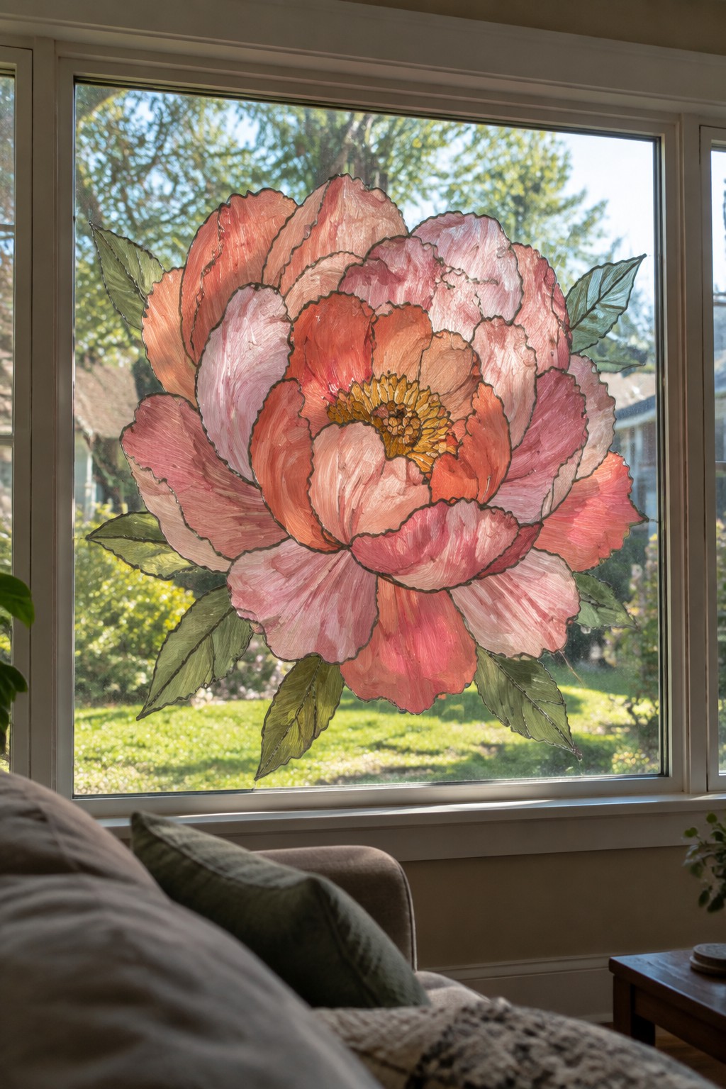 Vibrant pink and red stained glass flower on window overlooking sunny lawn
