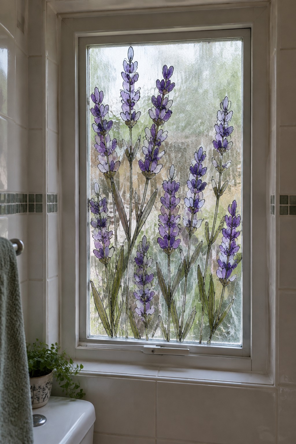 Purple lavender flowers on frosted bathroom window with white tiles and towel
