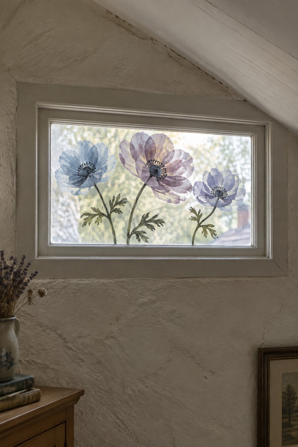 Window with three blue and purple watercolor flowers painted on glass pane