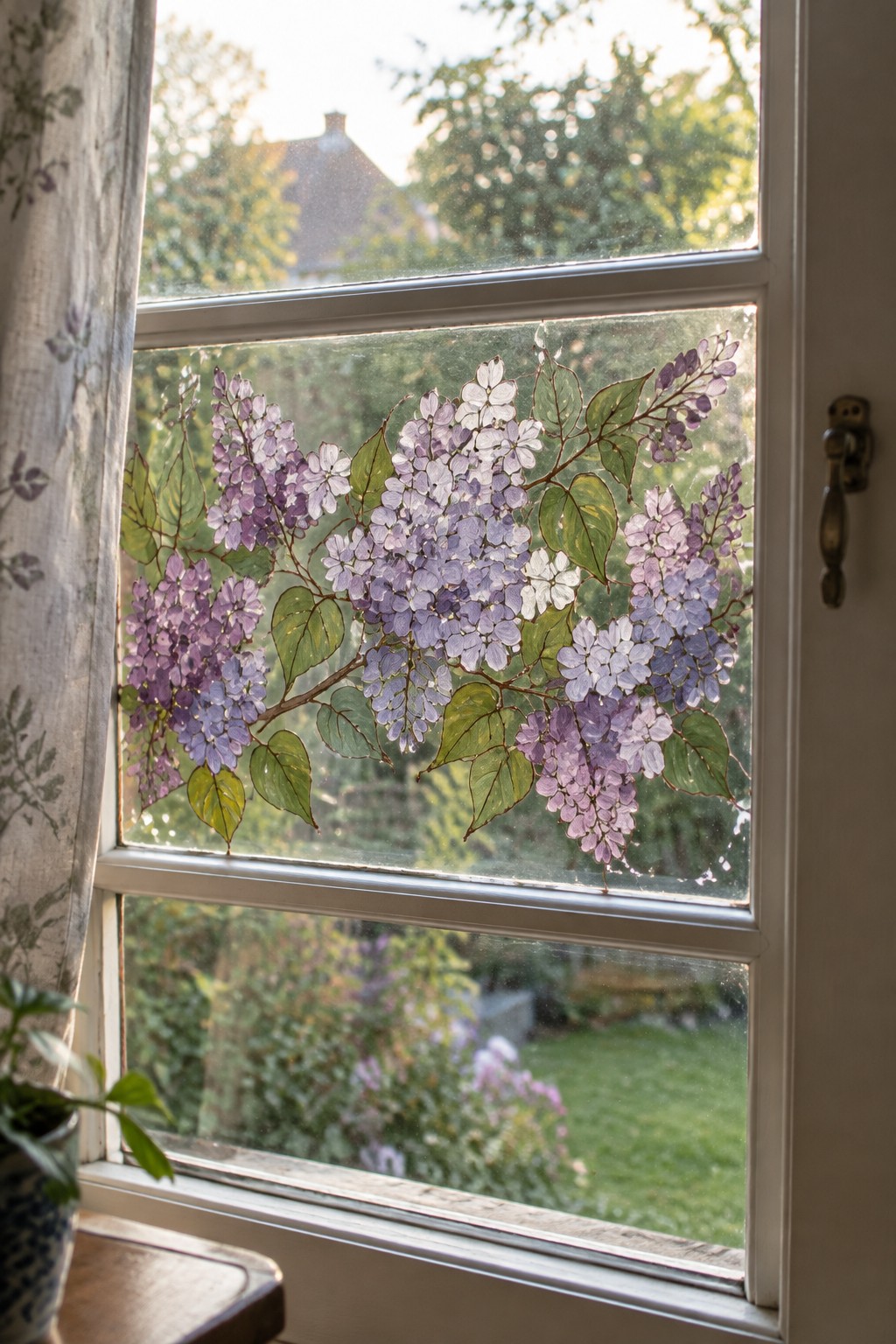 Window with painted lilac flowers overlooking a lush garden and curtain