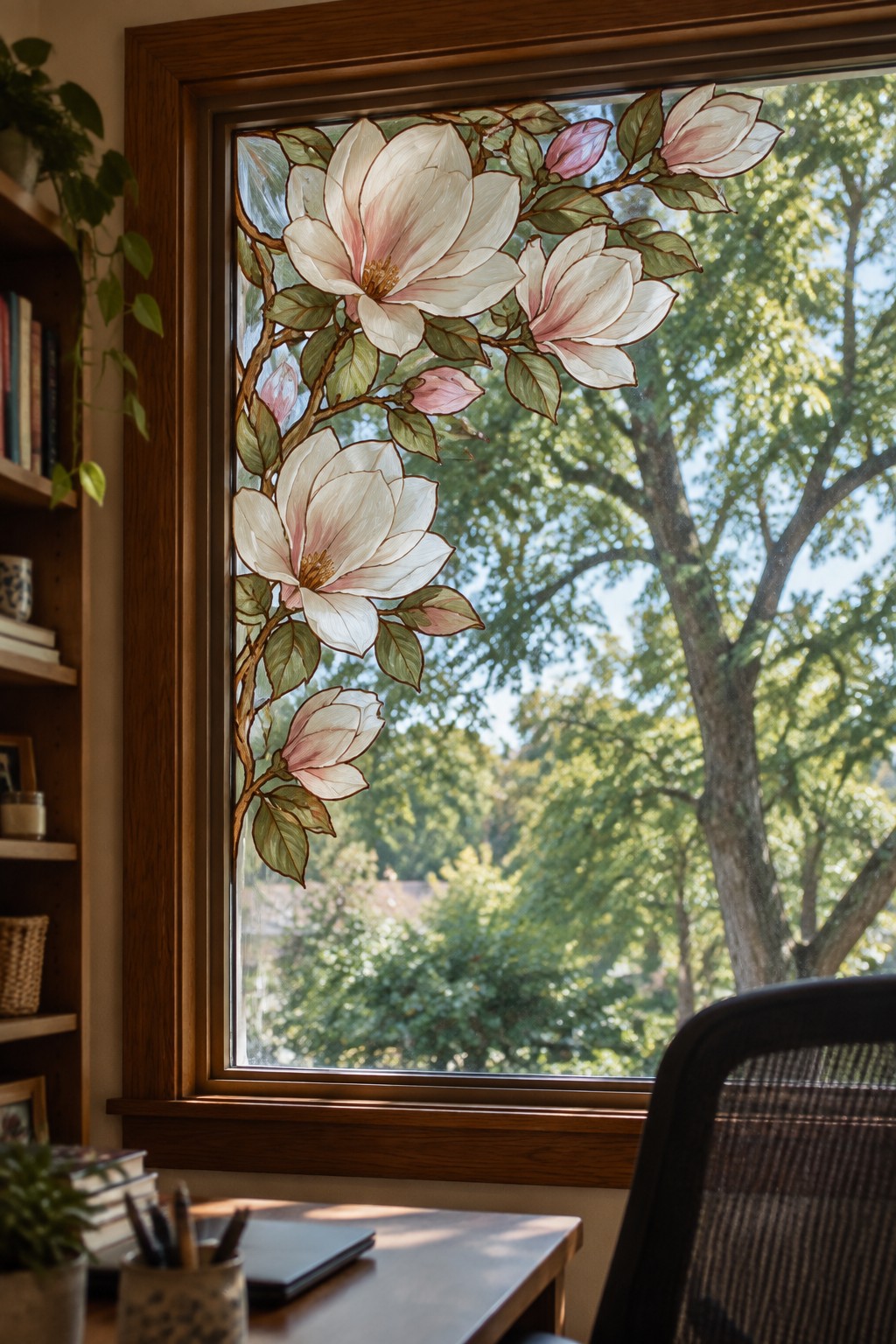 Stained glass magnolia blossoms on wooden window overlooking forest beside office desk