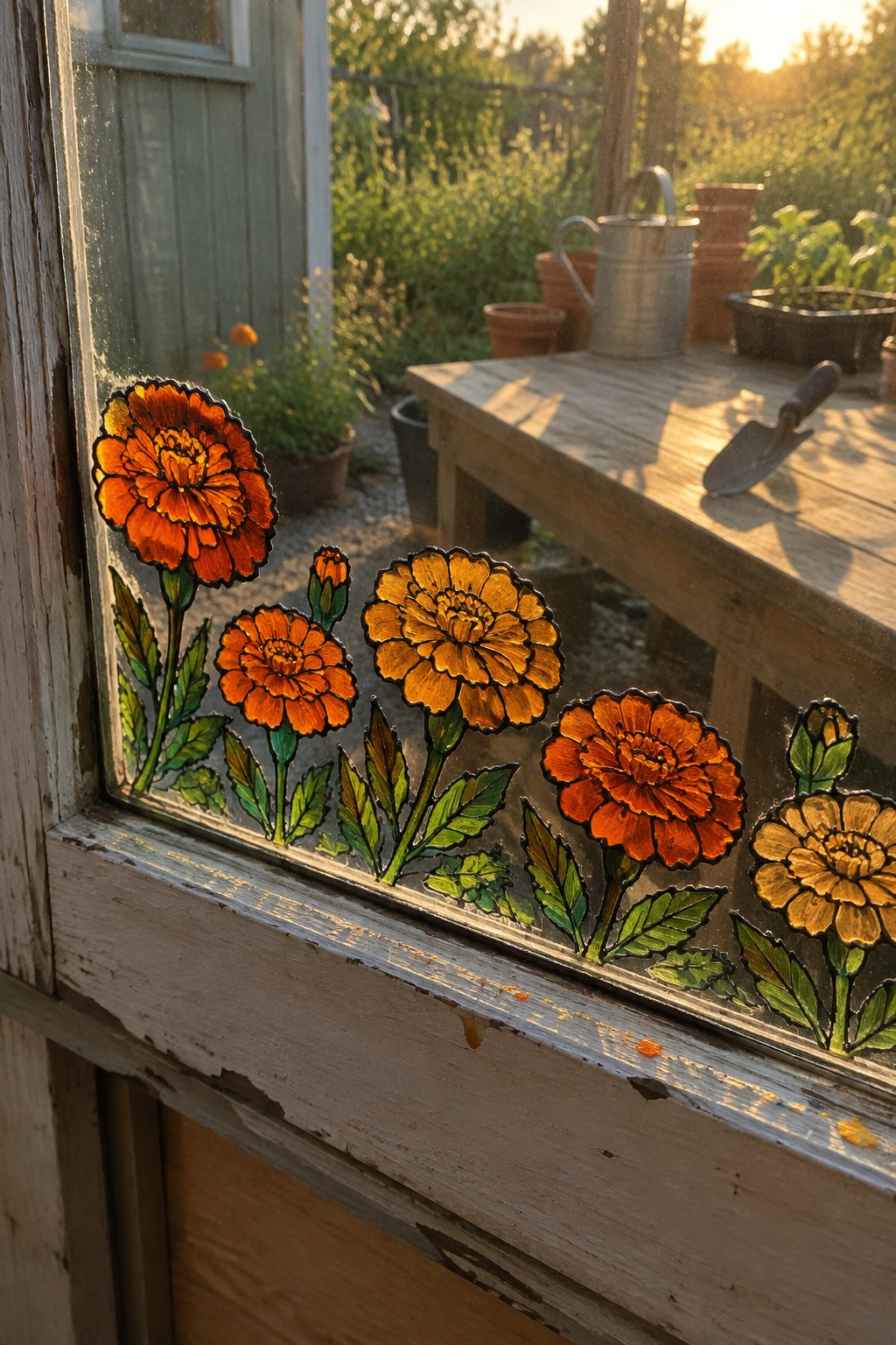 Stained glass marigolds on a weathered window overlooking a sunny garden.