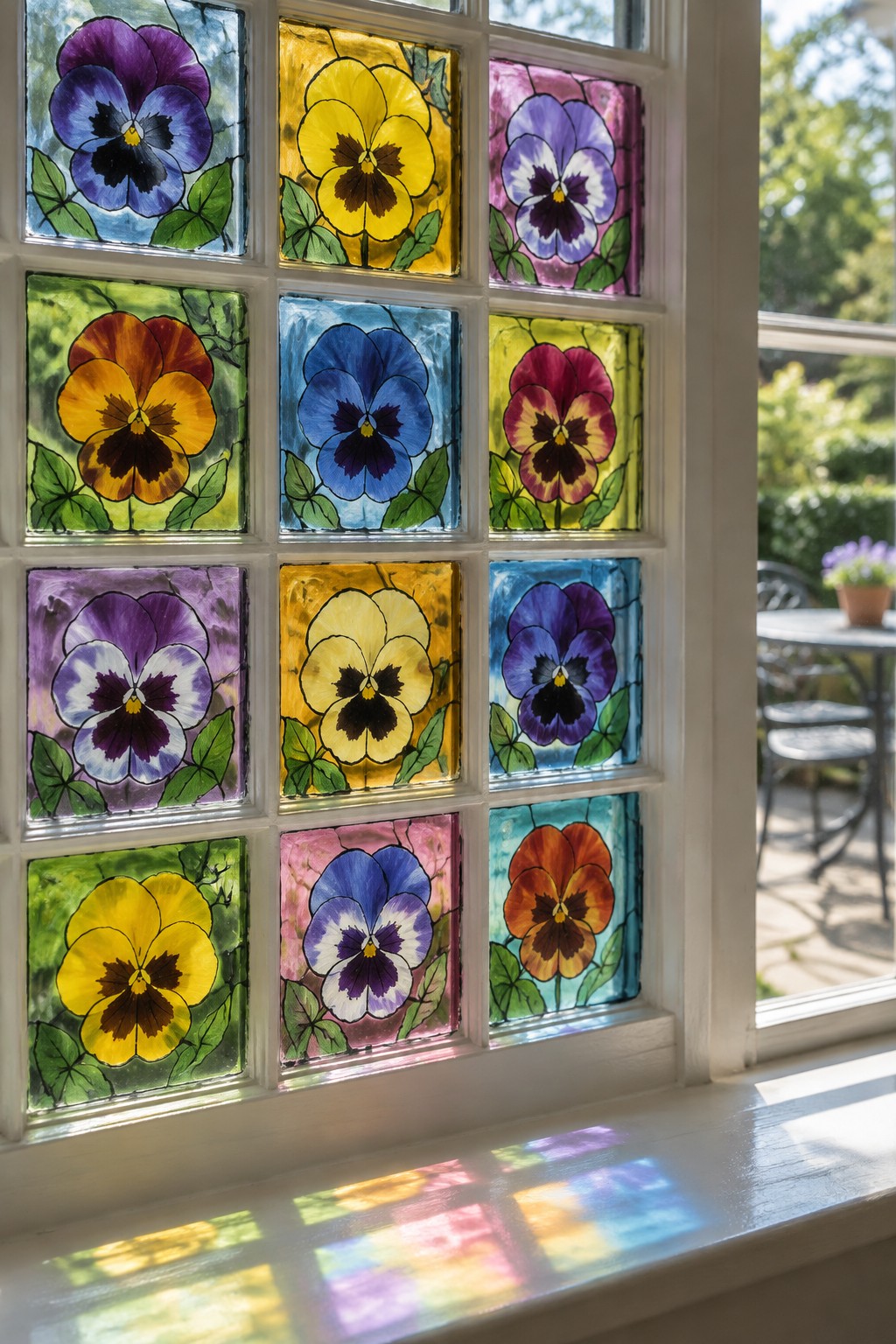 Stained glass window with colorful pansy flowers casting rainbow reflections on sill.