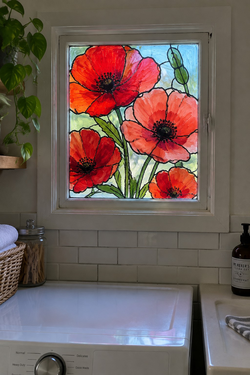 Red poppy flowers adorn window above white washing machine in laundry room