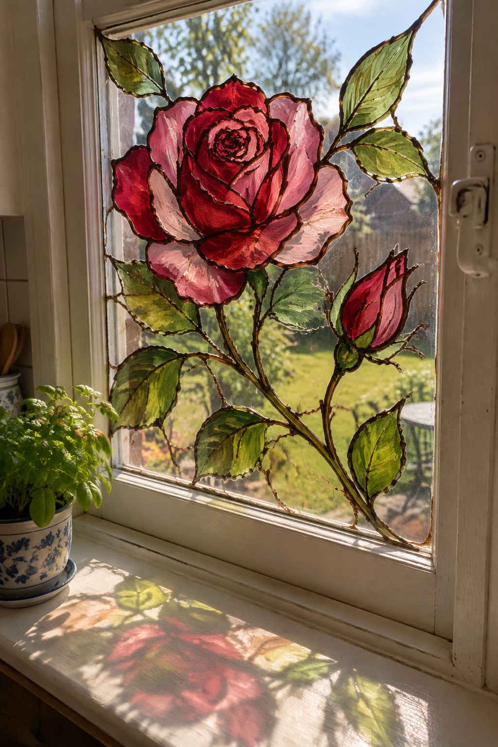 Stained glass red rose with pink petals, green leaves on sunny window