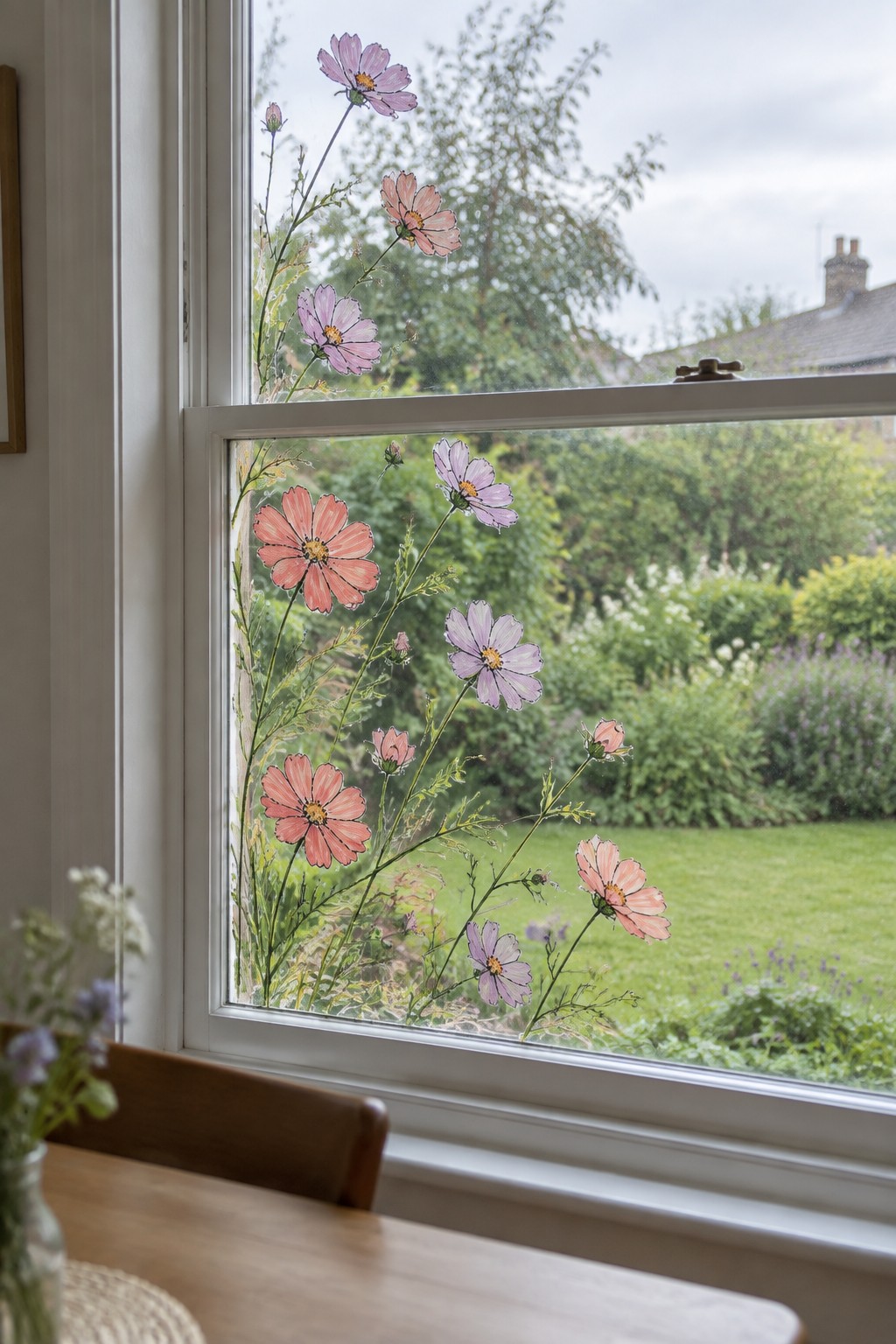 Window with pink and purple cosmos flower decals overlooking a green garden