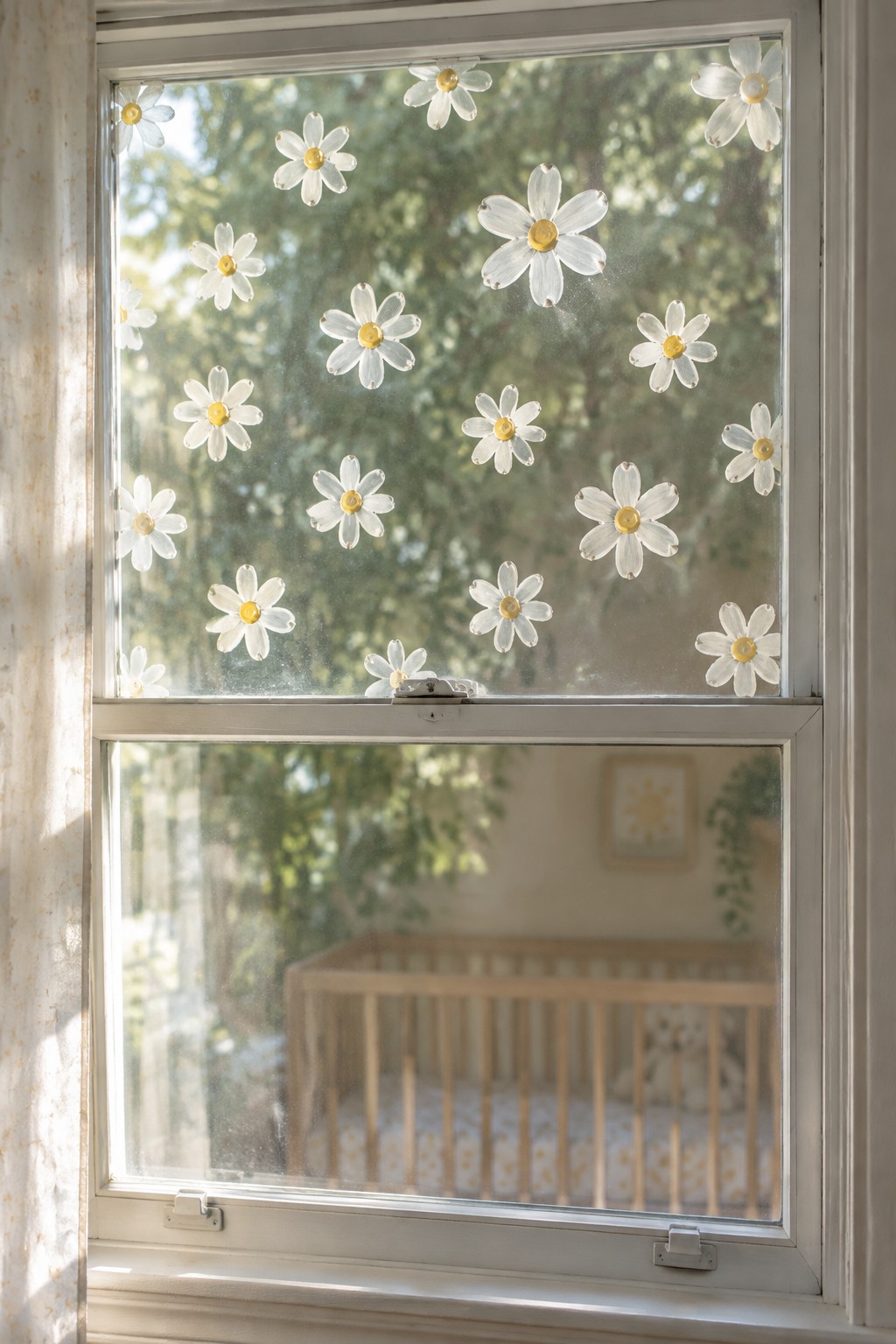 Window with white daisy decals overlooking wooden crib and teddy bear in nursery