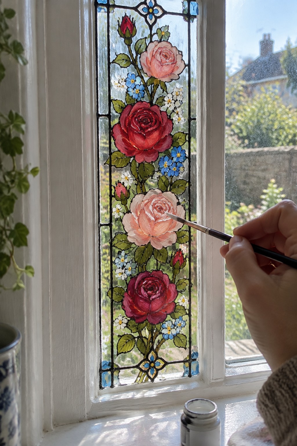 Hand in knitted sleeve painting pink rose on vibrant stained glass window