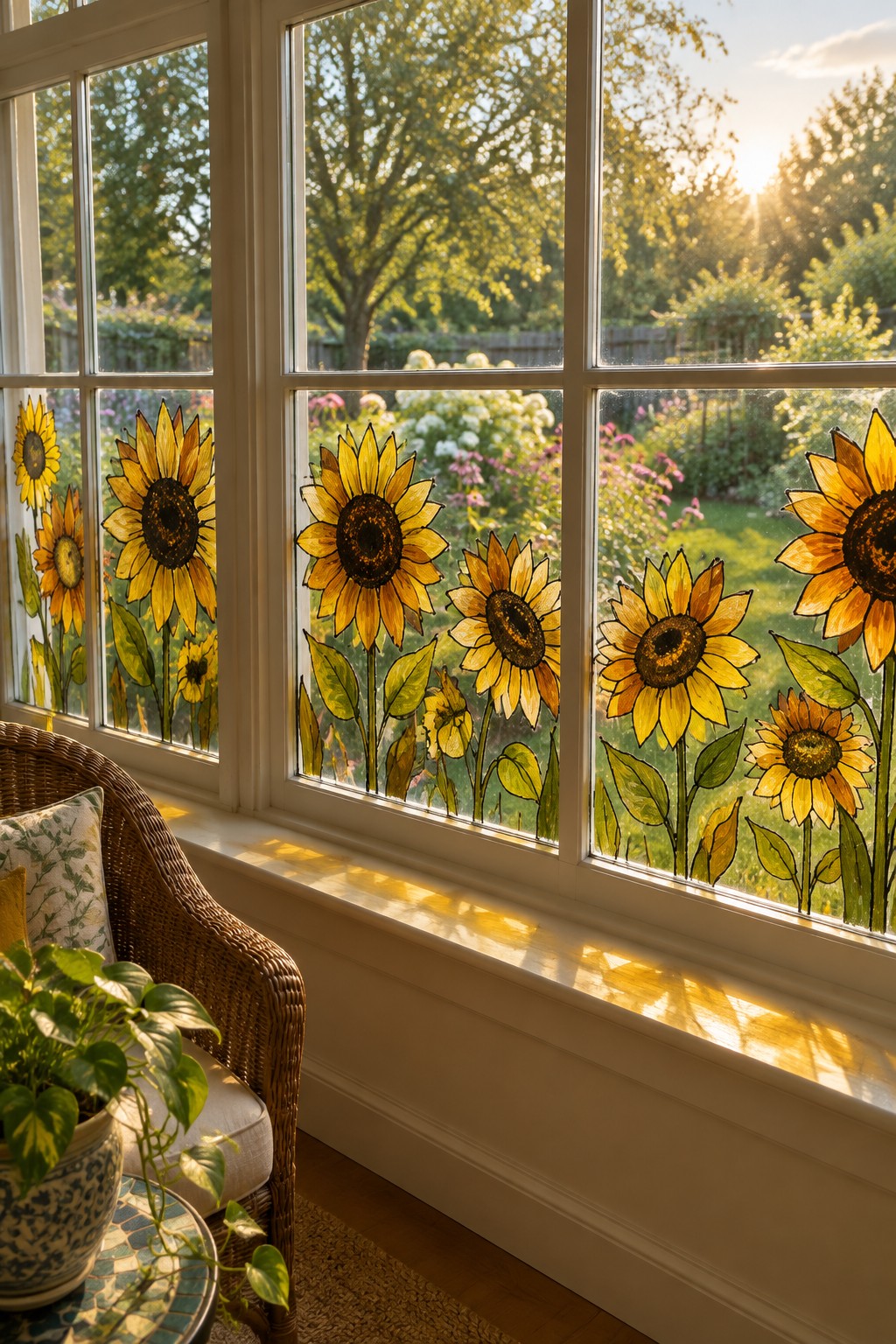 Sunlit window adorned with vibrant sunflower stained glass beside wicker chair and potted plant.