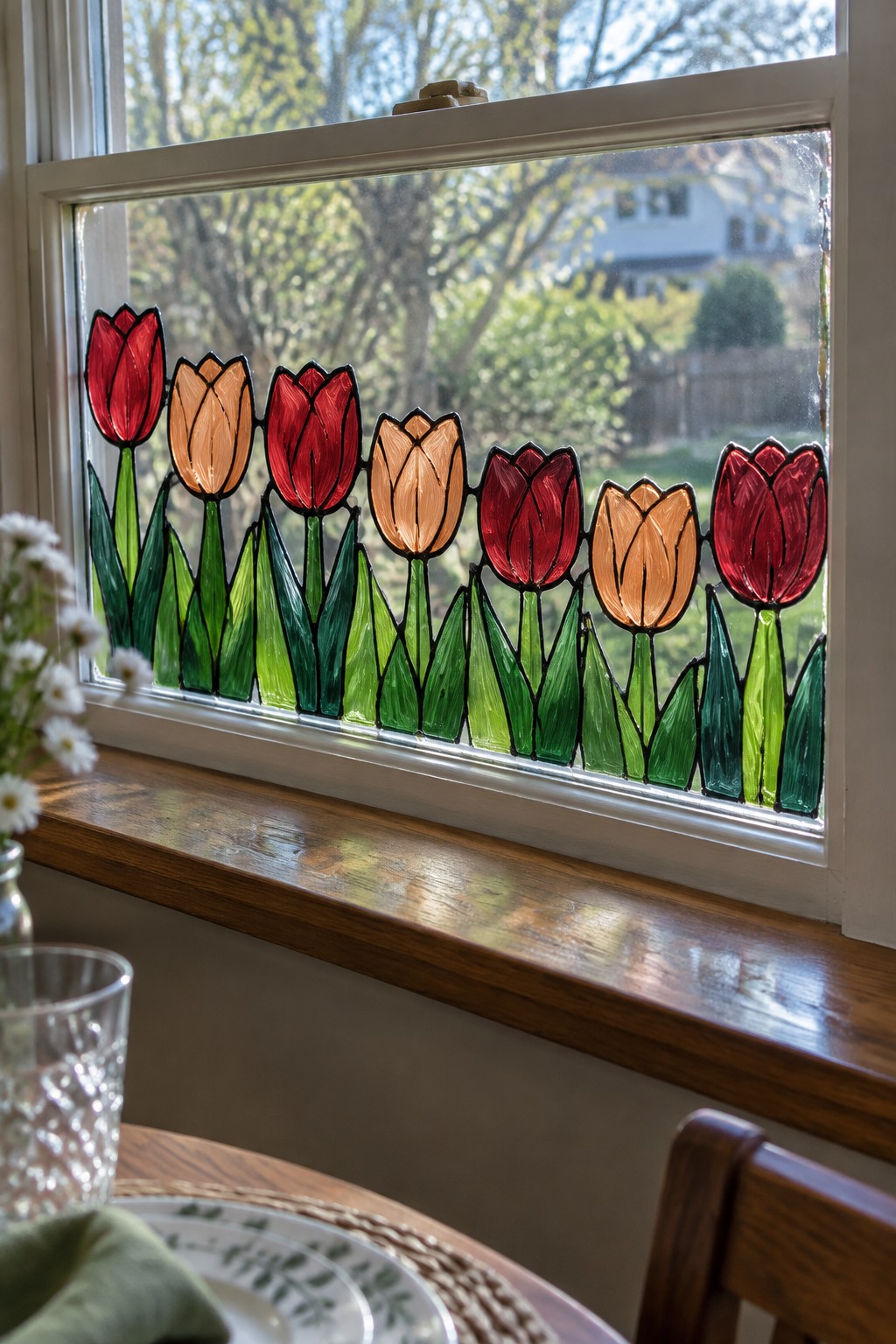 Stained glass tulips in red and orange line a sunny kitchen window.