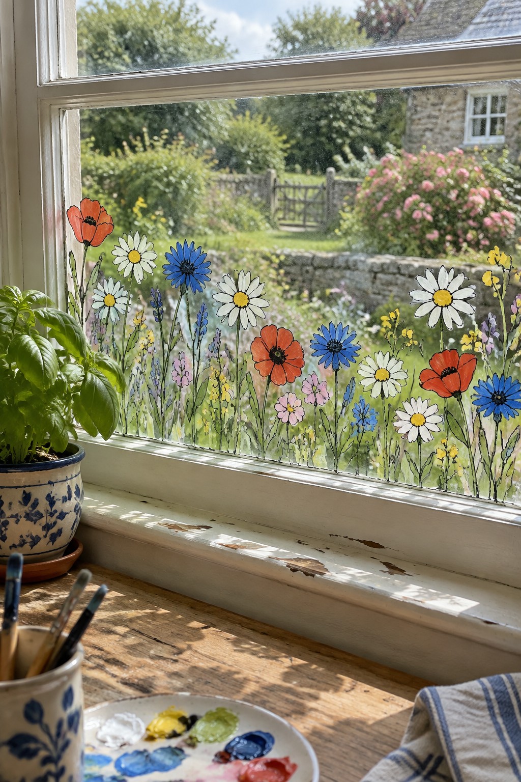 Paint palette, brushes, and potted plant on windowsill beside flower-painted window overlooking garden