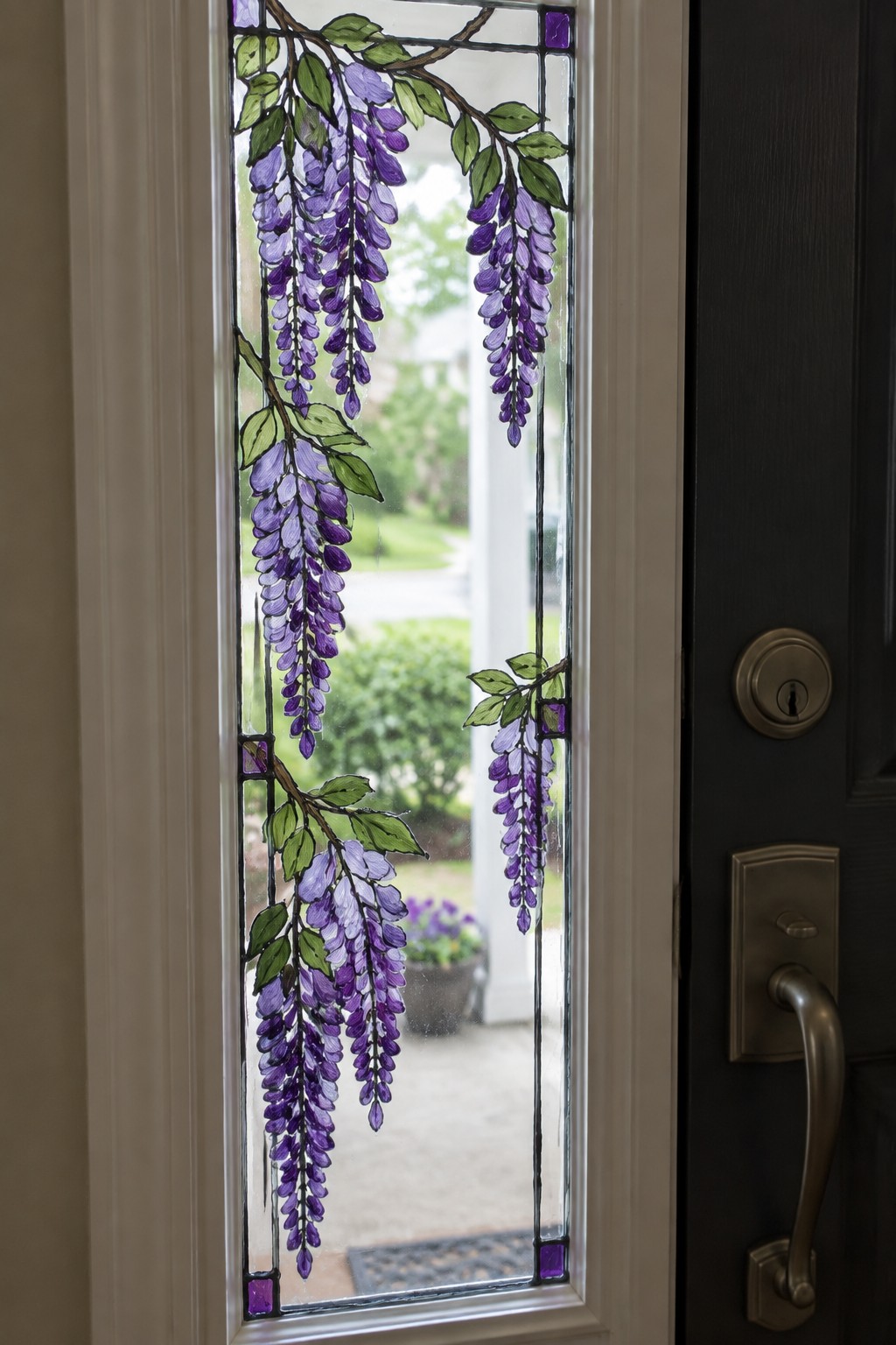 Stained glass sidelight with cascading purple wisteria beside dark door.