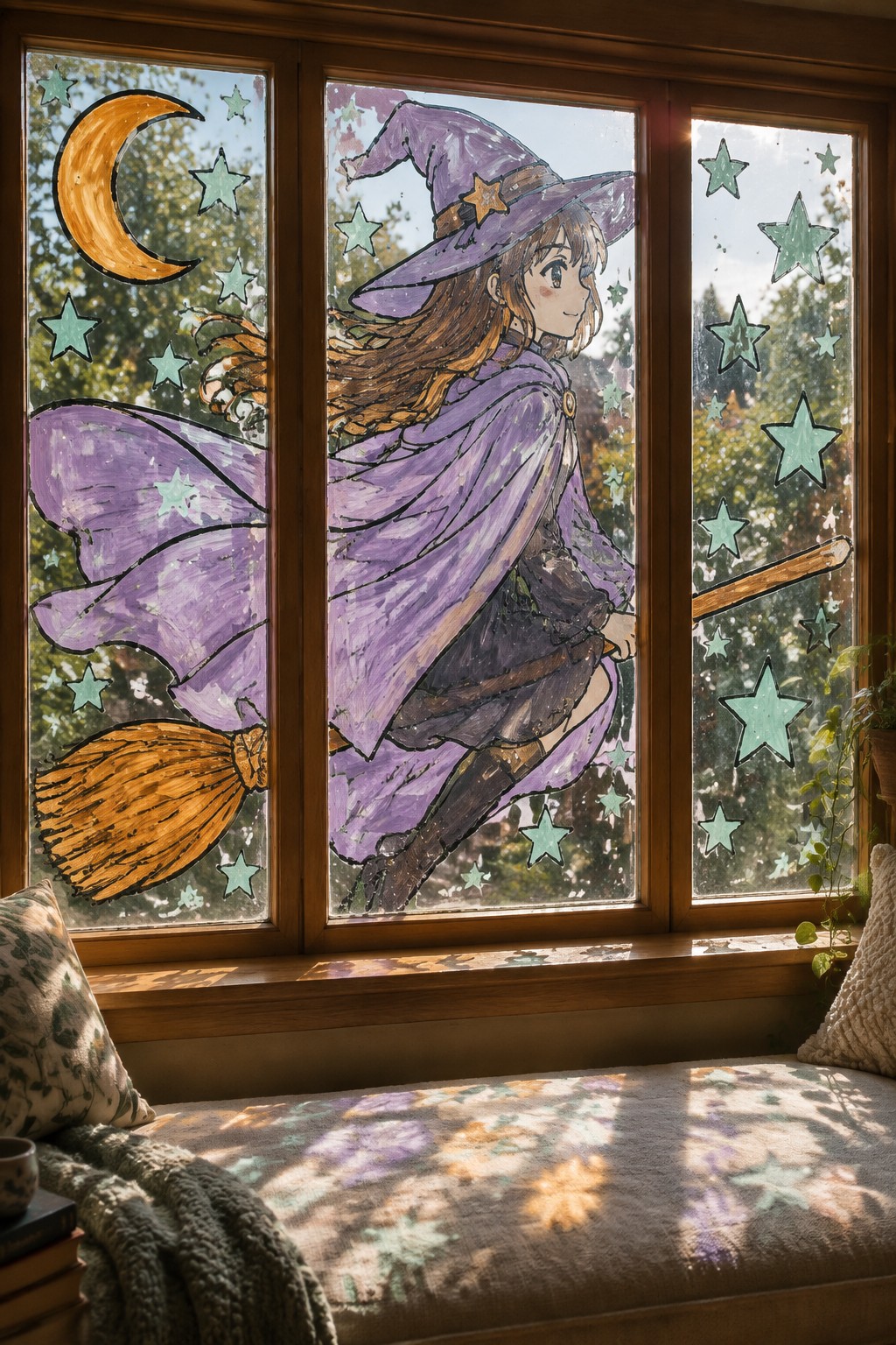 Purple witch on broom painted across window panes with stars, sunlight casting shadows on seat